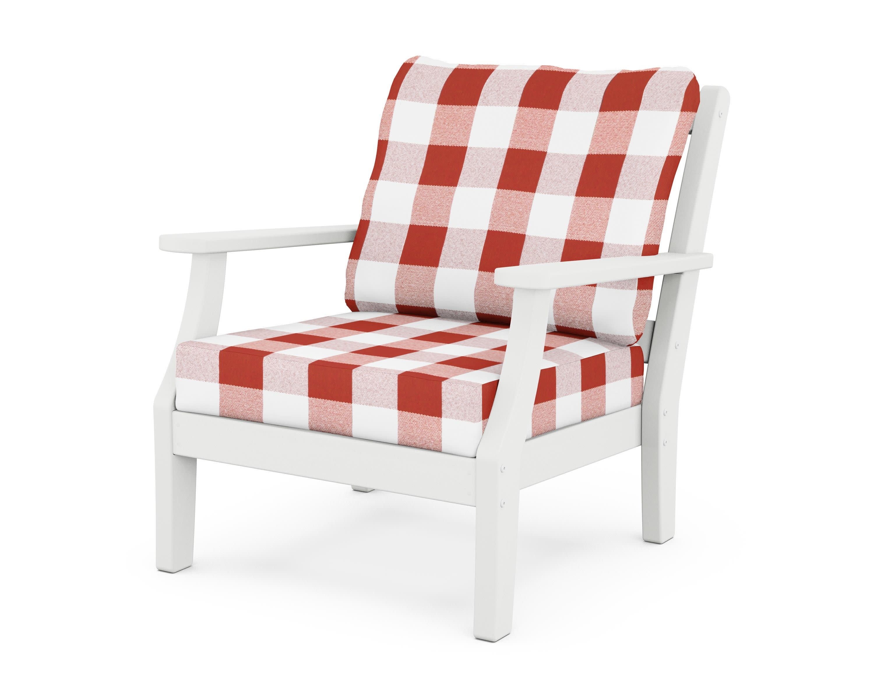 Chinoiserie Deep Seating Chair in White / Buffalo Plaid Crimson