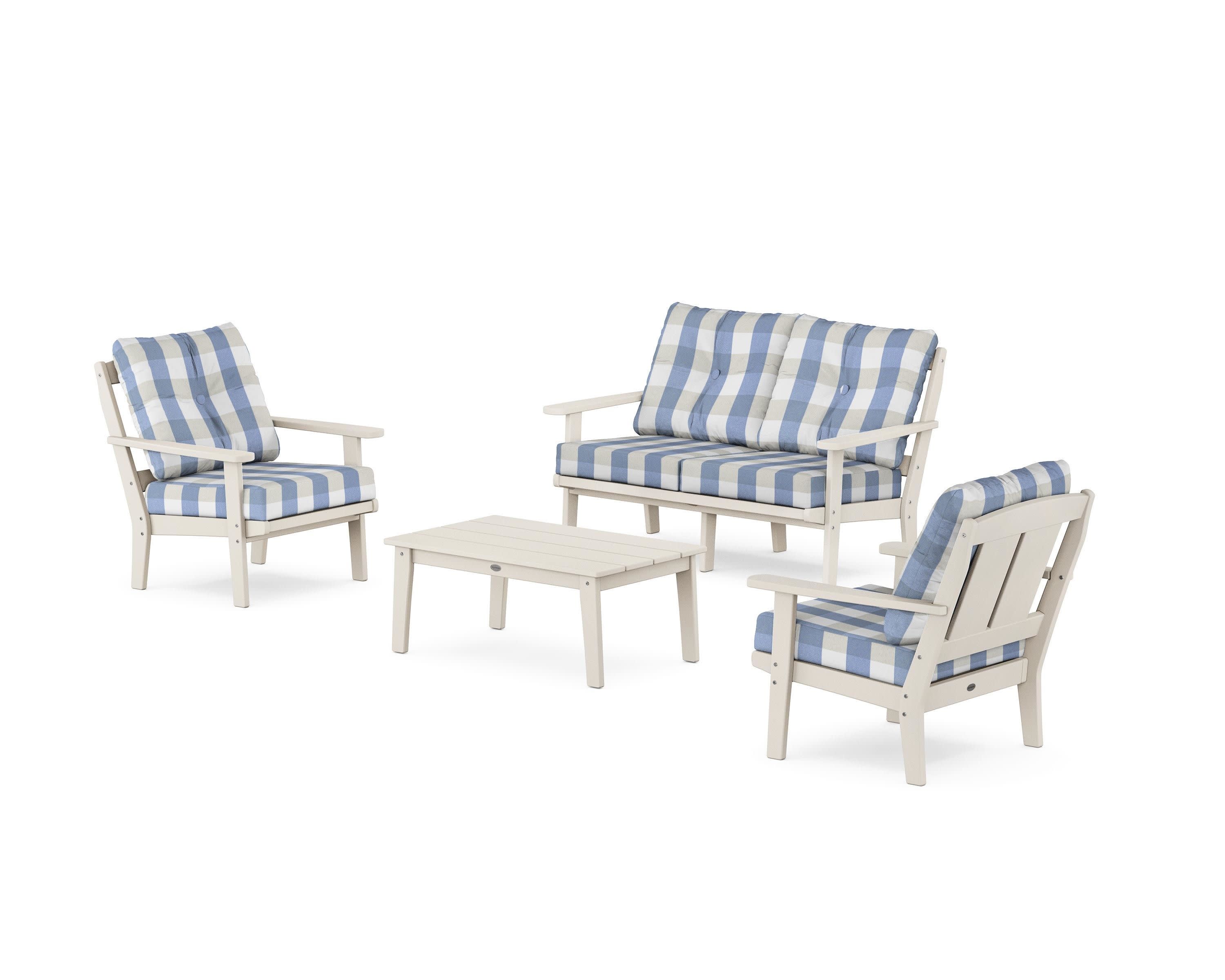 Mission 4-Piece Deep Seating Set with Loveseat in Sand / Buffalo Plaid Sky Blue