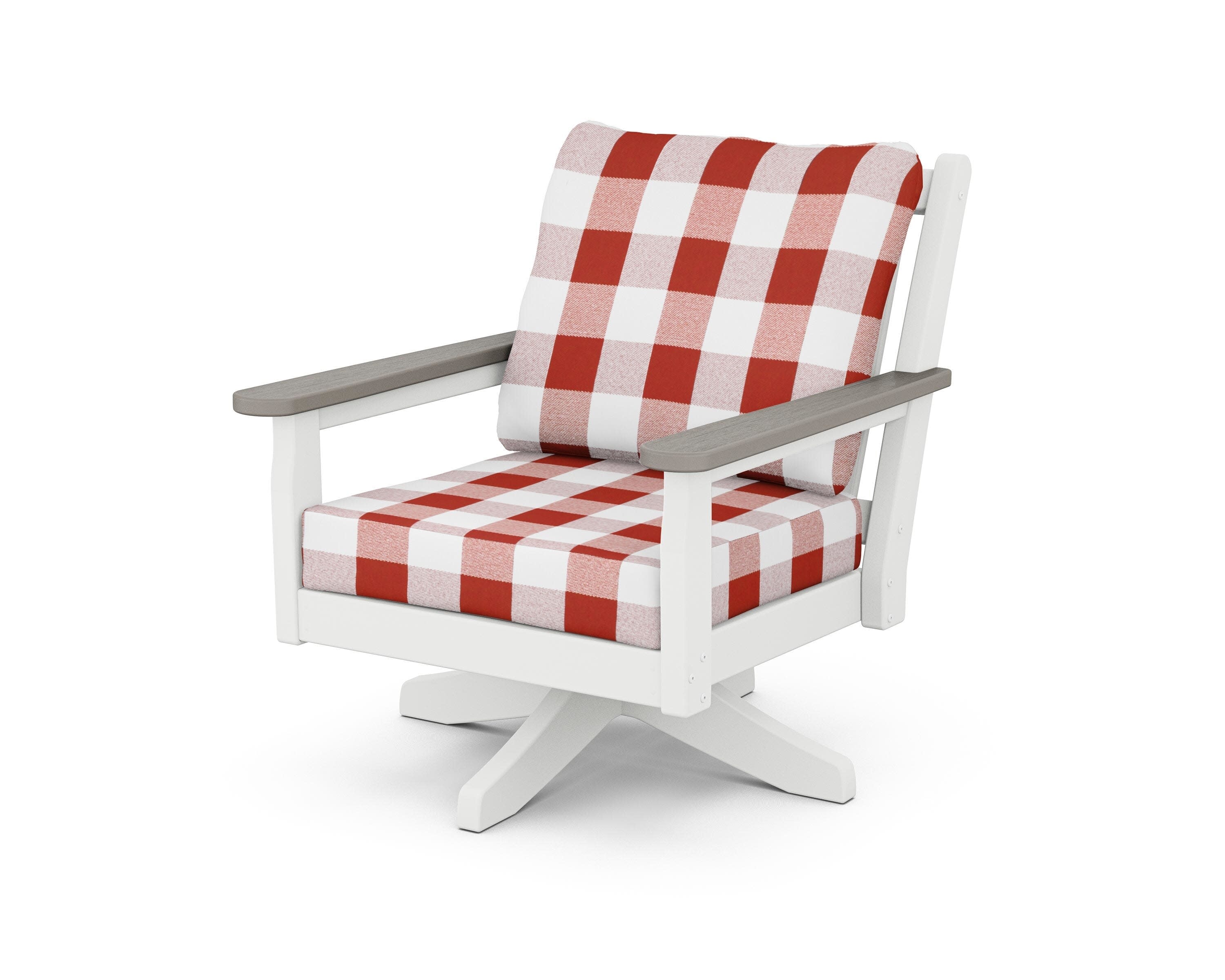 Chippendale Deep Seating Swivel Chair in White / Driftwood / Buffalo Plaid Crimson
