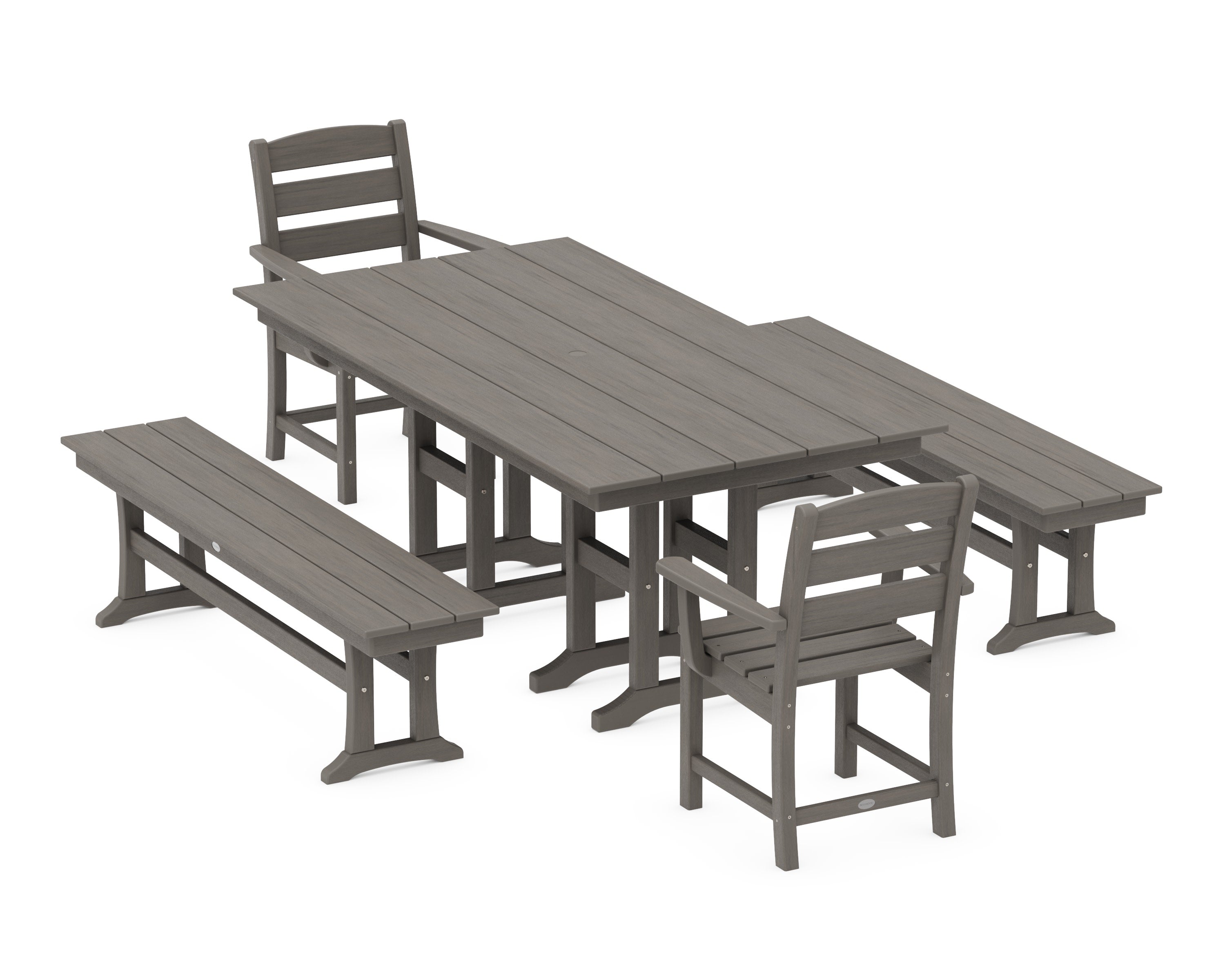 Lakeside 5-Piece Farmhouse Dining Set with Benches in Driftwood