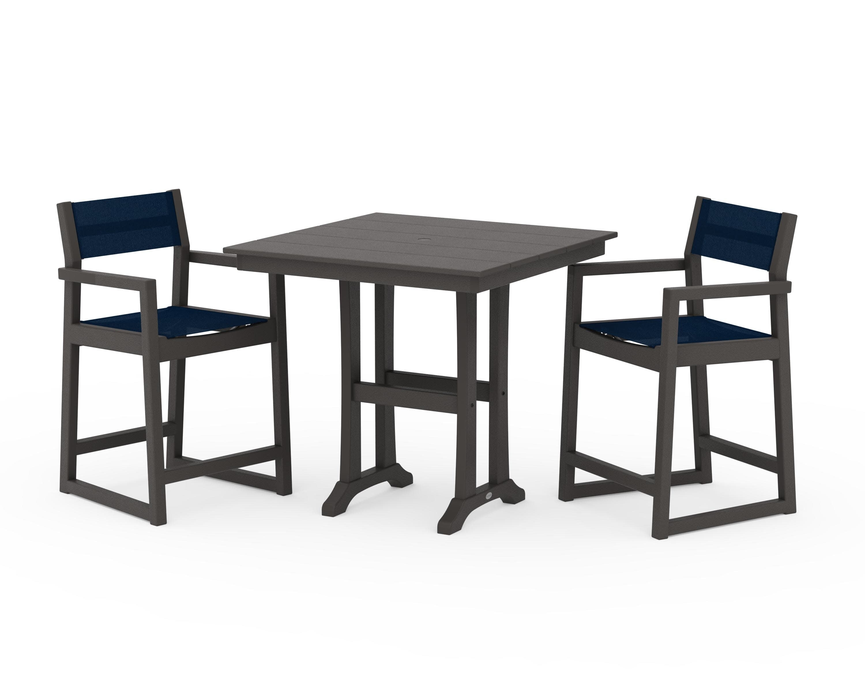 EDGE Sling Arm Chair 3-Piece Farmhouse Counter Set with Trestle Legs in Vintage Coffee / Navy Blue Sling