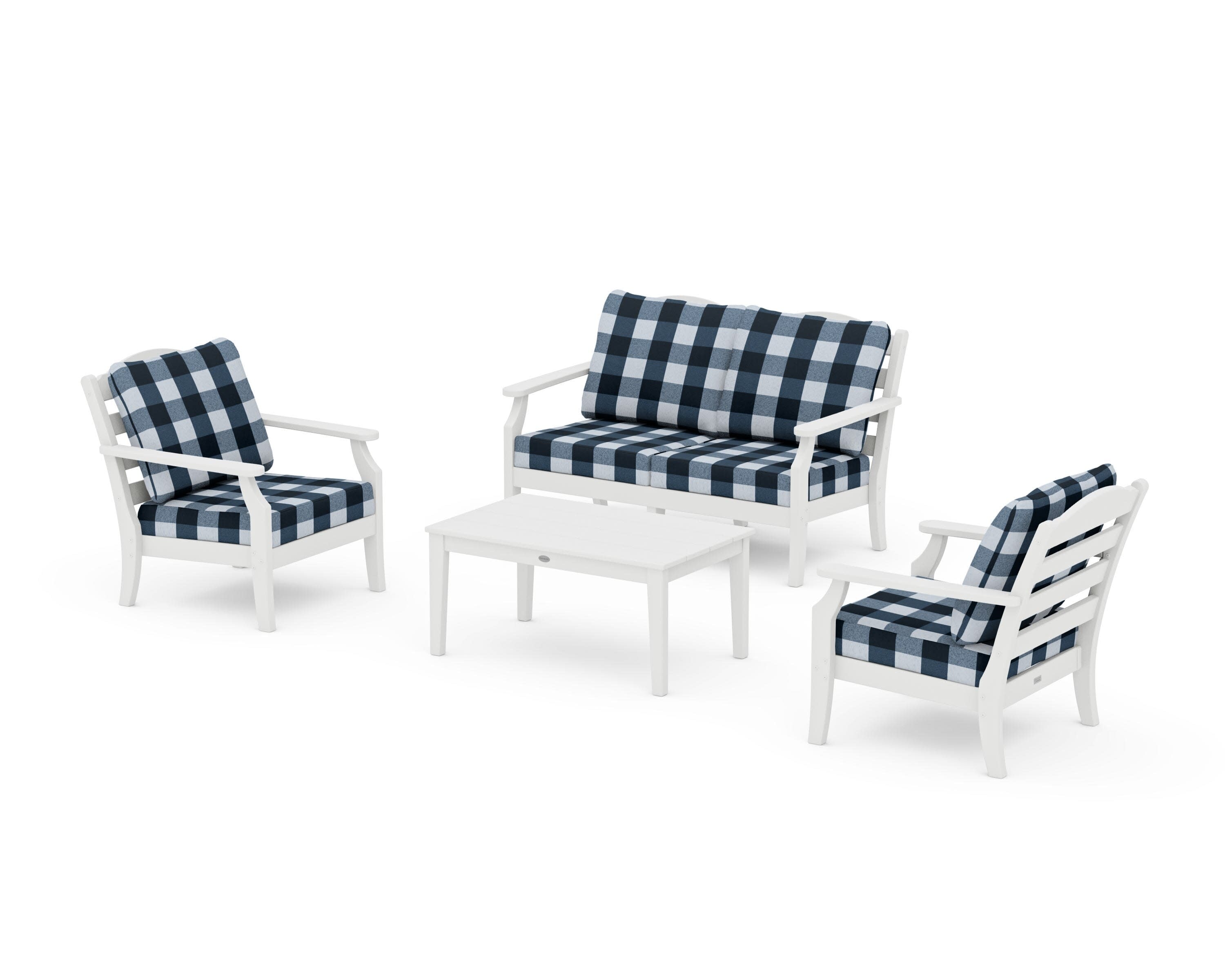 Savannah 4-Piece Deep Seating Set with Loveseat in White / Buffalo Plaid Marine Indigo