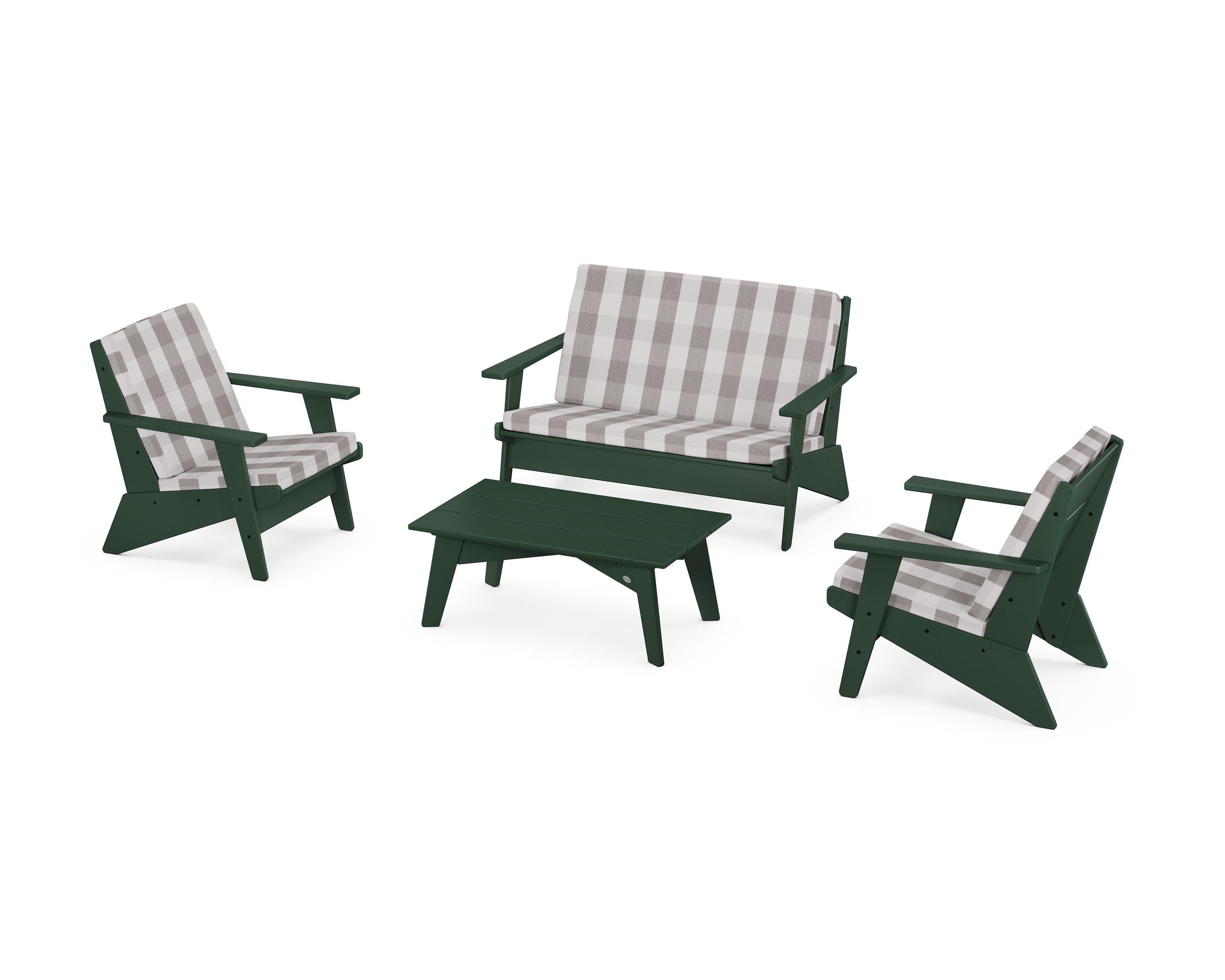 Riviera Modern Lounge 4-Piece Set in Green / Buffalo Plaid Grey Mist