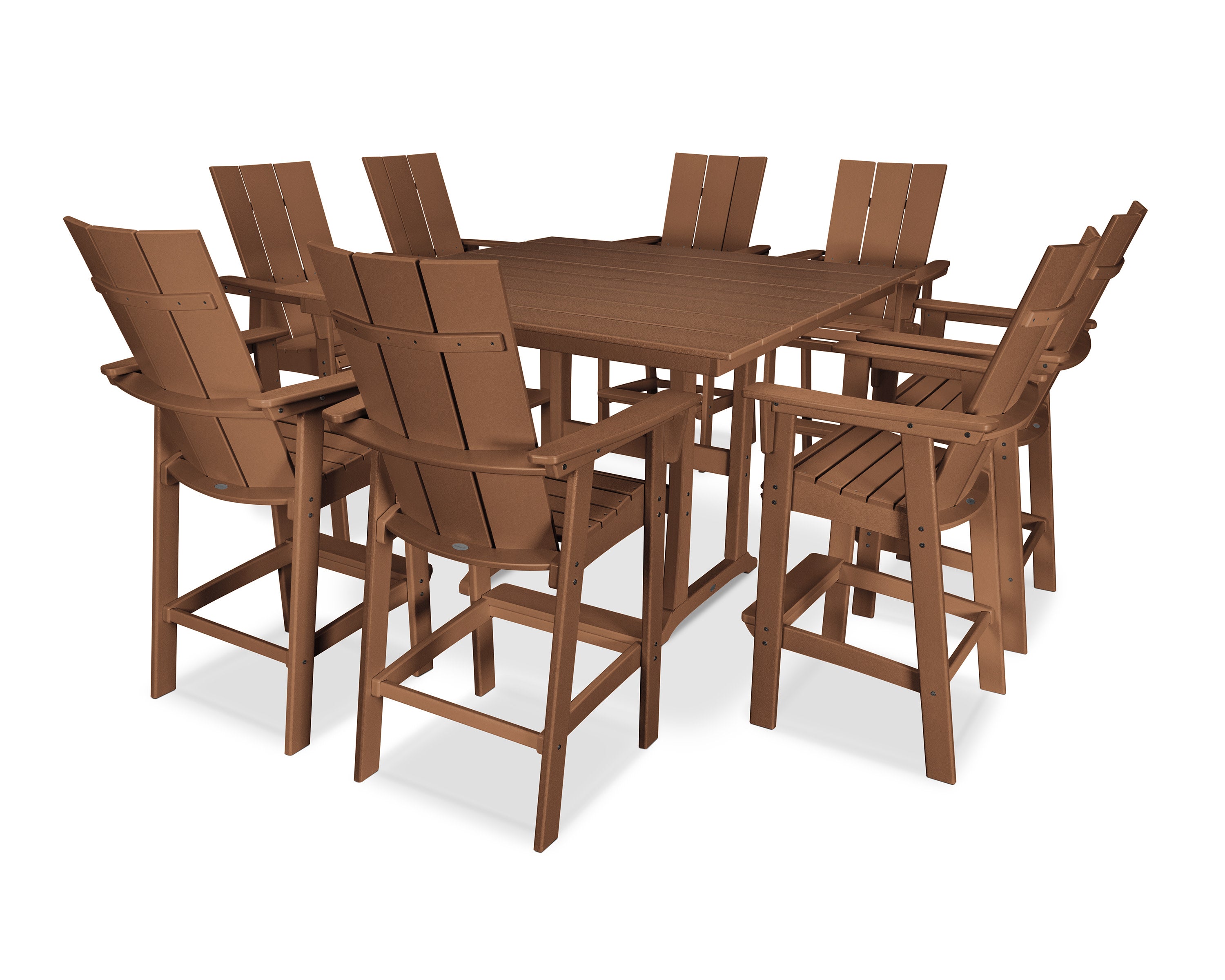 Modern Curveback Adirondack 9-Piece Farmhouse Trestle Bar Set in Teak
