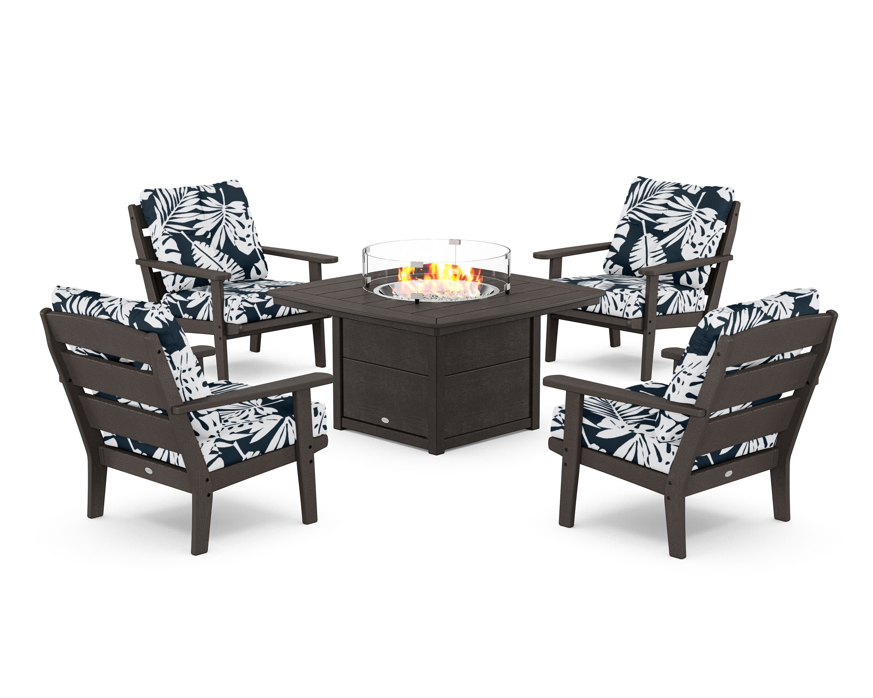 Lakeside 5-Piece Deep Seating Set with Nautical Fire Pit Table in Vintage Coffee / Leaf Marine Indigo