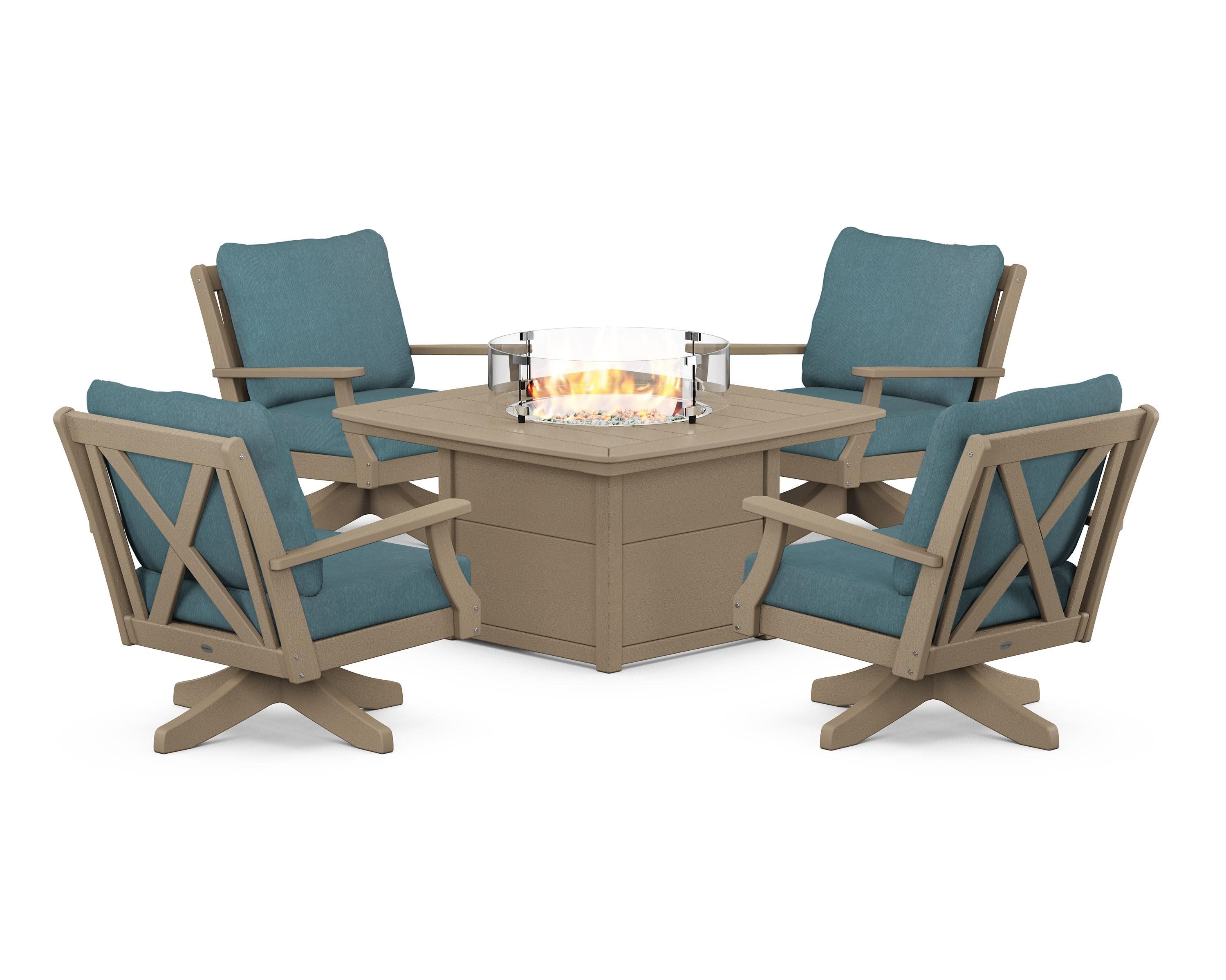 Braxton 5-Piece Deep Seating Swivel Conversation Set with Fire Pit Table in Vintage Sahara / Ocean Teal