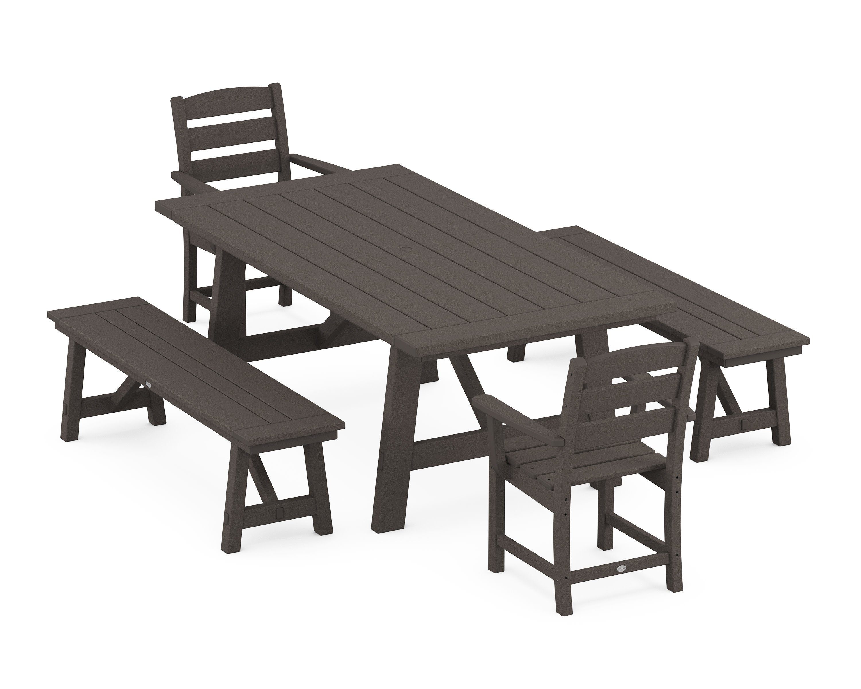 Lakeside 5-Piece Rustic Farmhouse Dining Set With Benches in Vintage Coffee