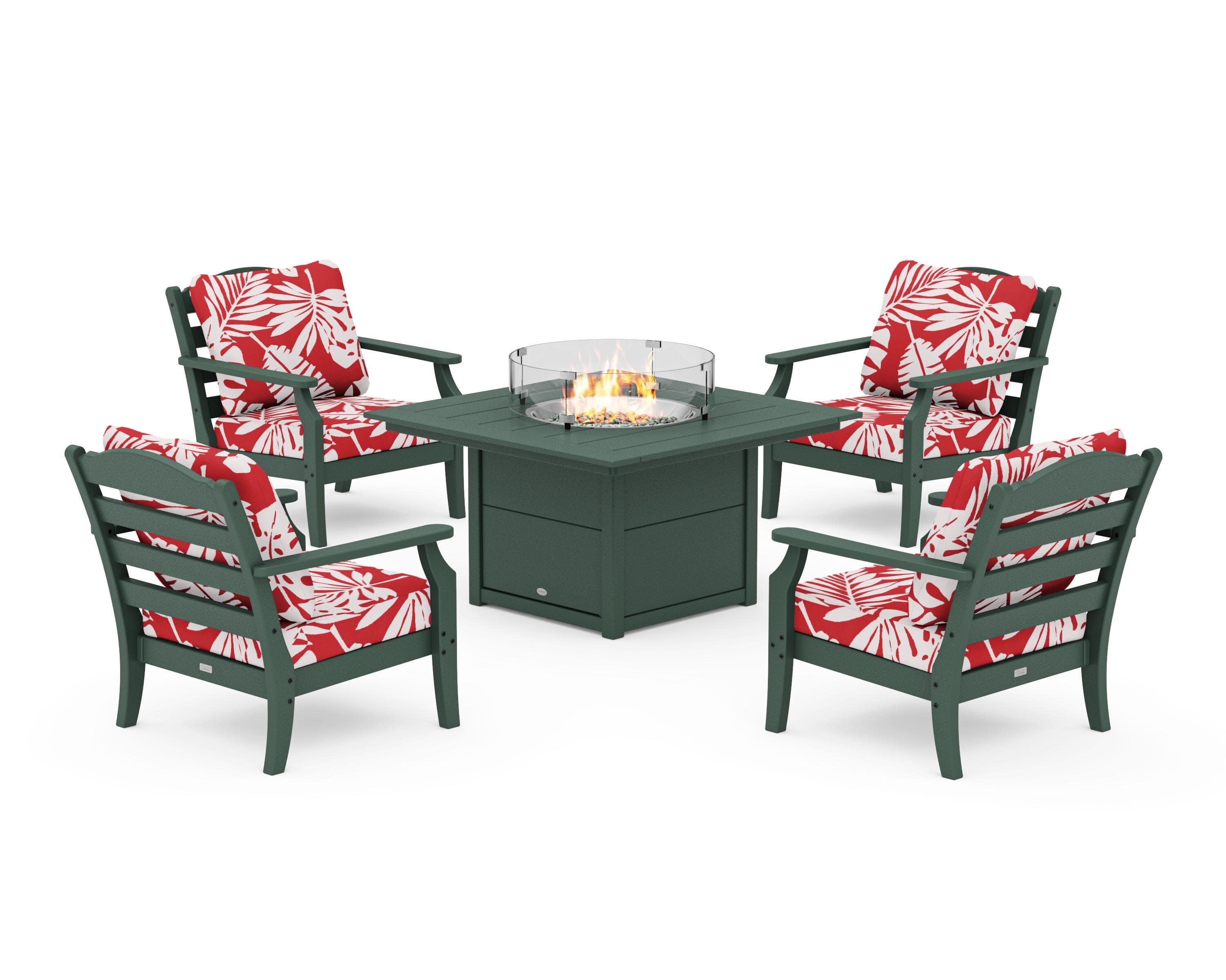 Savannah 5-Piece Deep Seating Set with Fire Pit Table in Green / Leaf Crimson