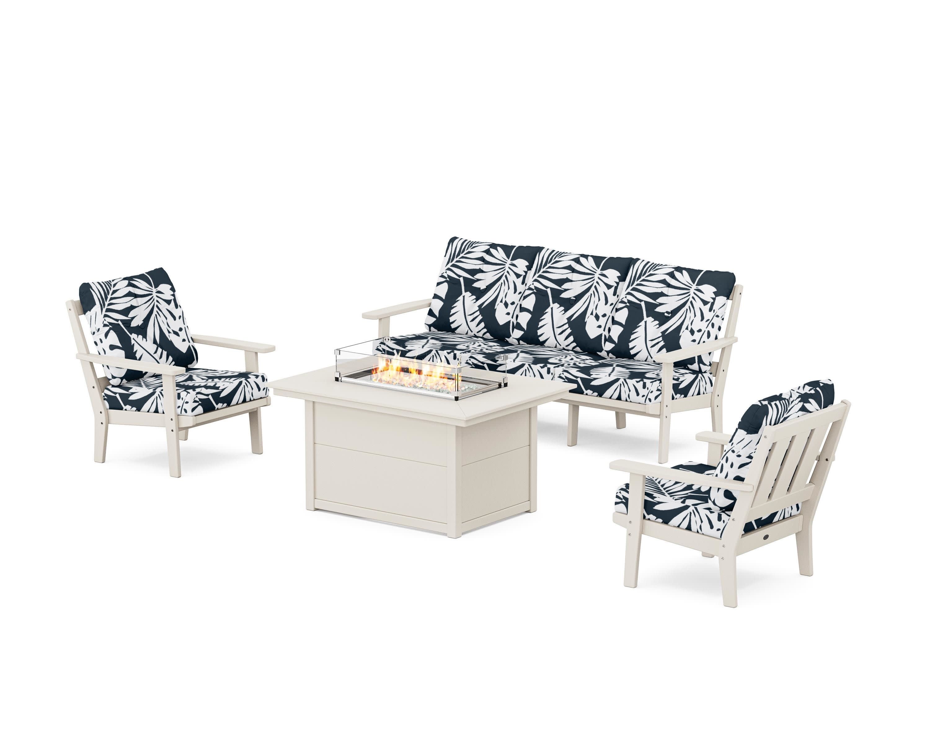 Oxford Deep Seating Fire Pit Table Set in Sand / Leaf Marine Indigo
