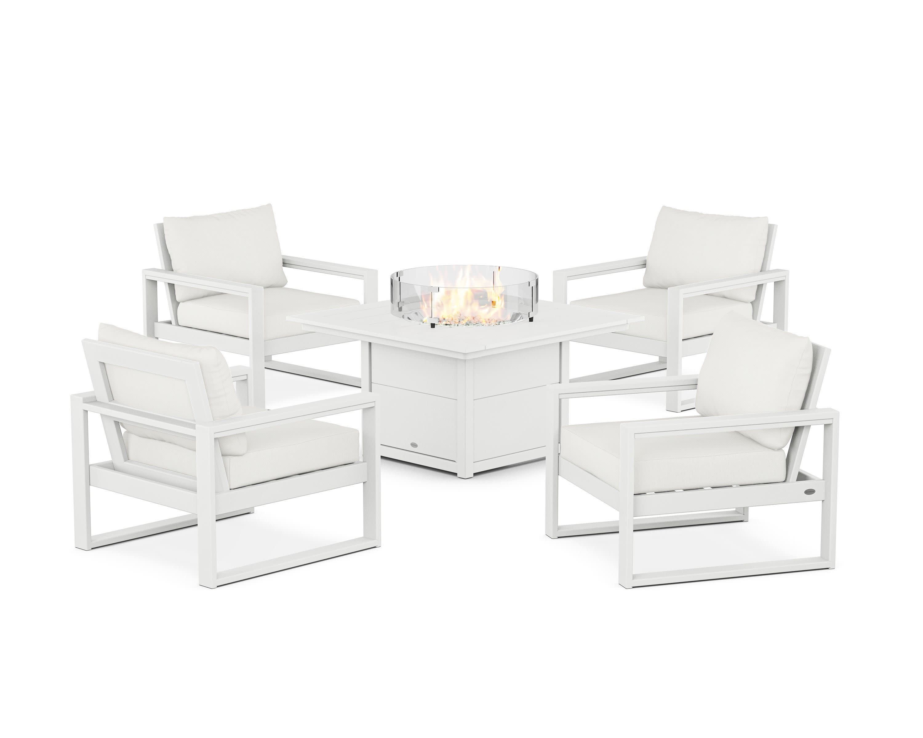 EDGE Sectional 5-Piece Deep Seating Set with Fire Pit Table in White / Natural Linen