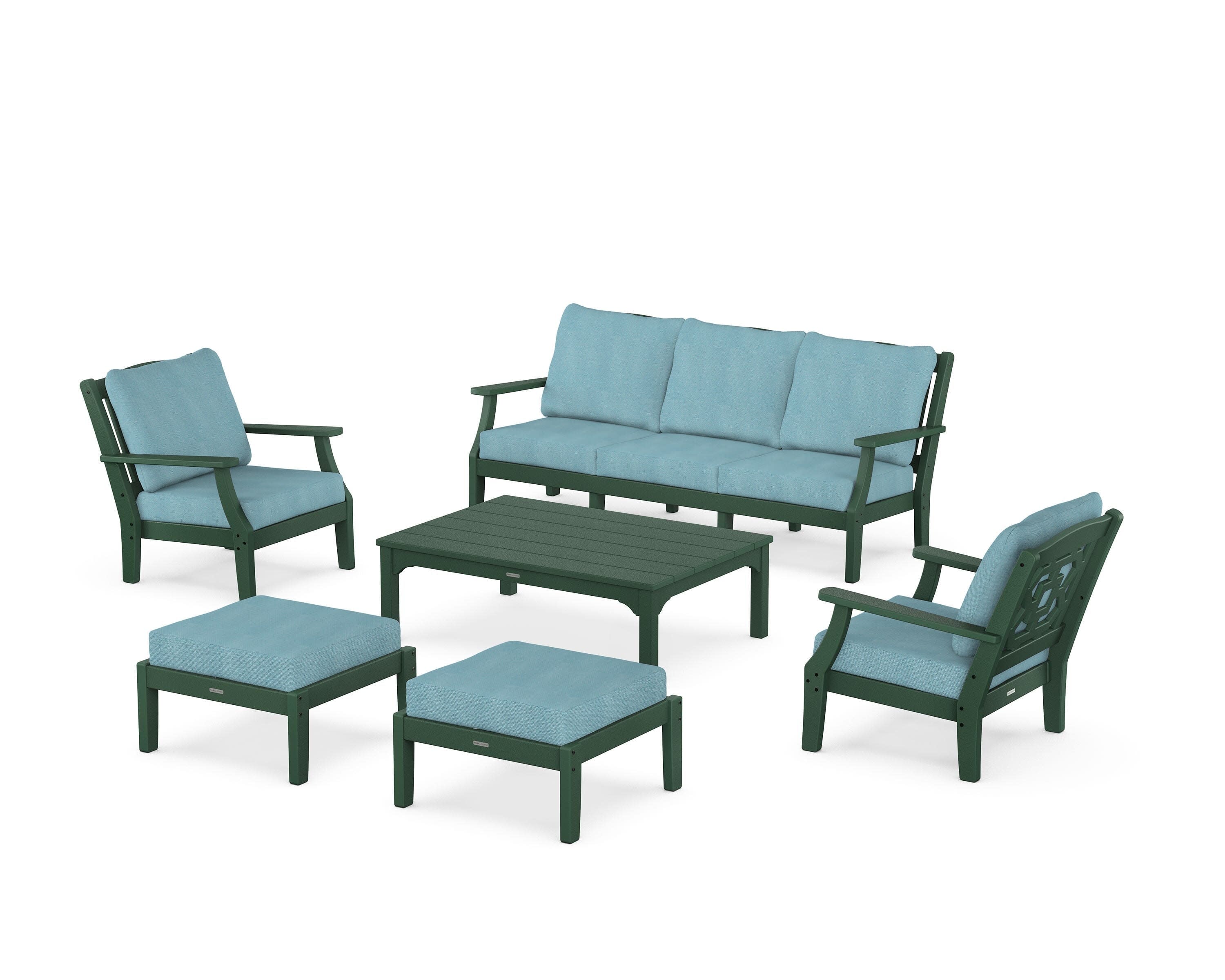 Chinoiserie 6-Piece Lounge Sofa Set in Green / Lattice Sky Blue