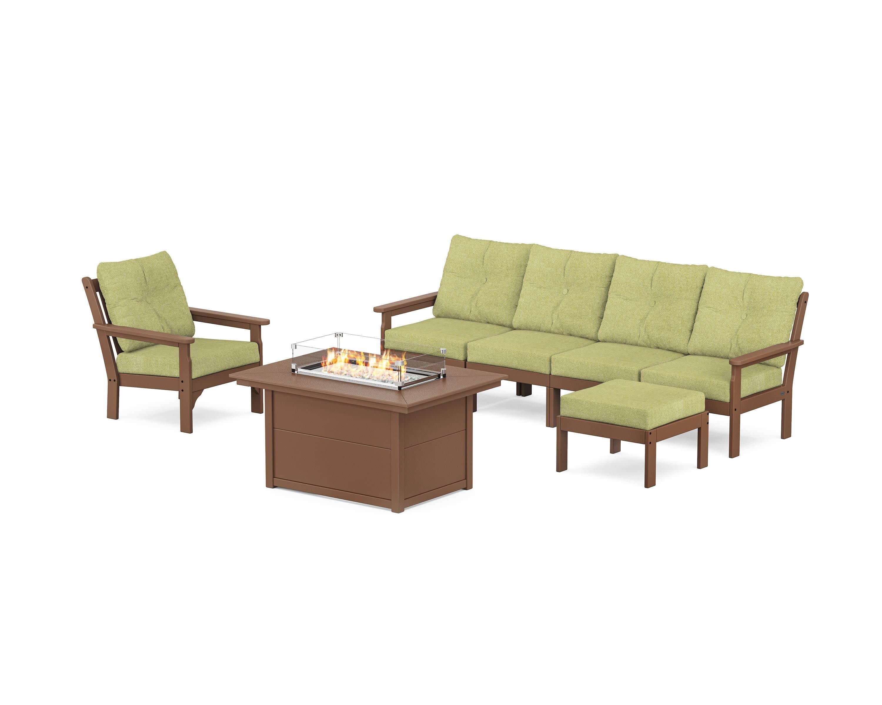 Vineyard Sectional Lounge and Fire Pit Set in Teak / Chartreuse Boucle