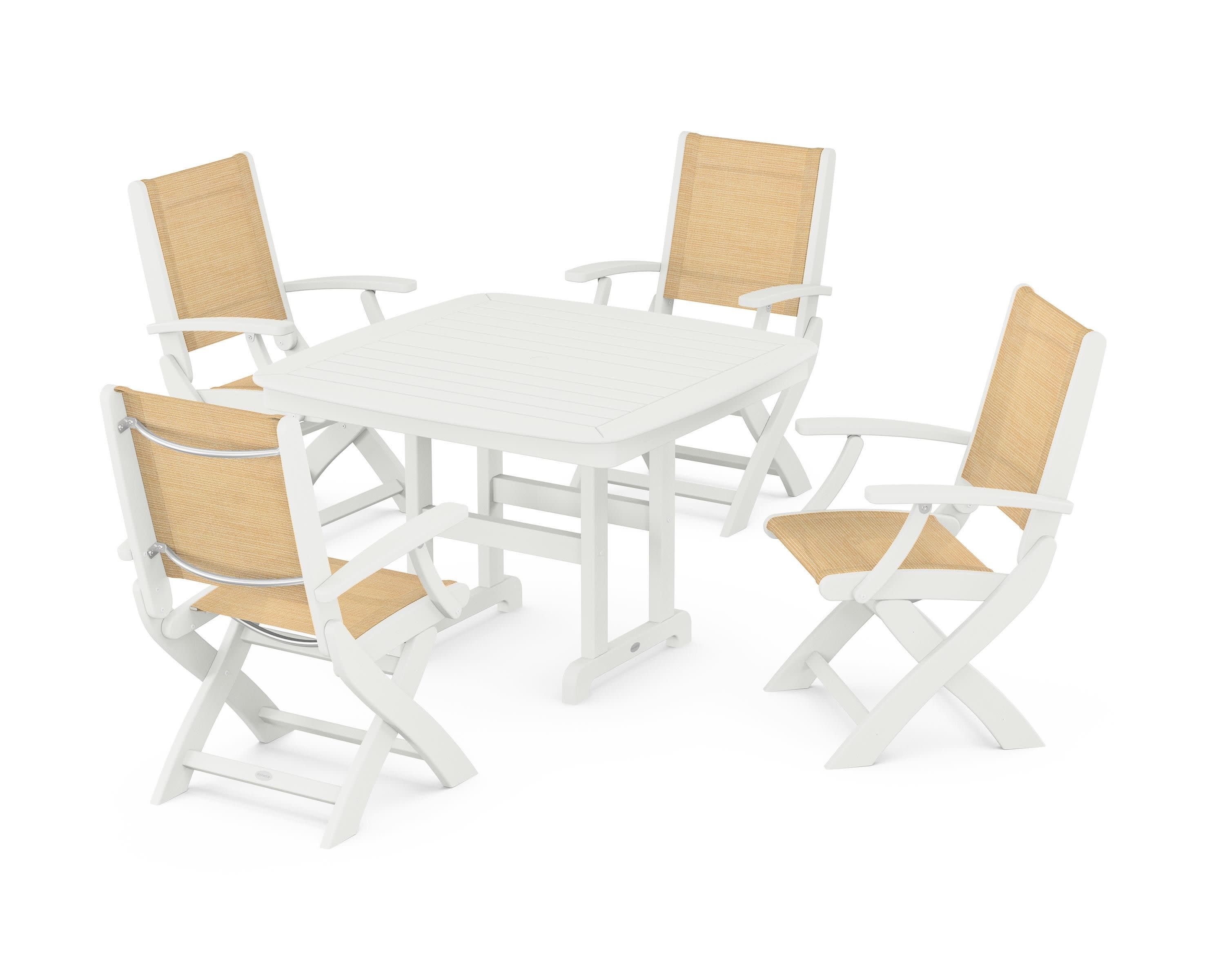 Coastal Folding Chair 5-Piece Dining Set in Vintage White / Dupioni Apricot Sling