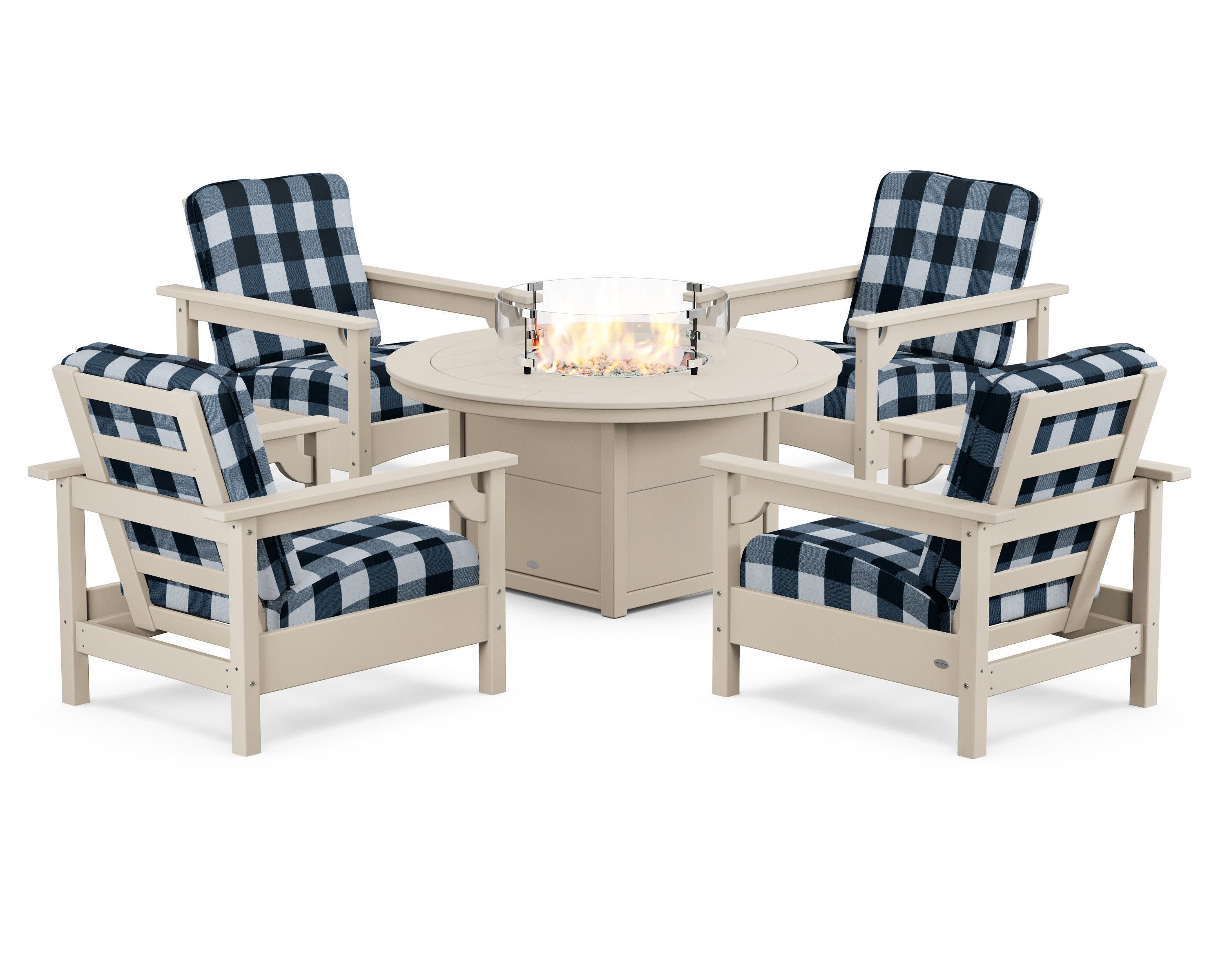 Club 5-Piece Conversation Set with Fire Pit Table in Sand / Buffalo Plaid Marine Indigo