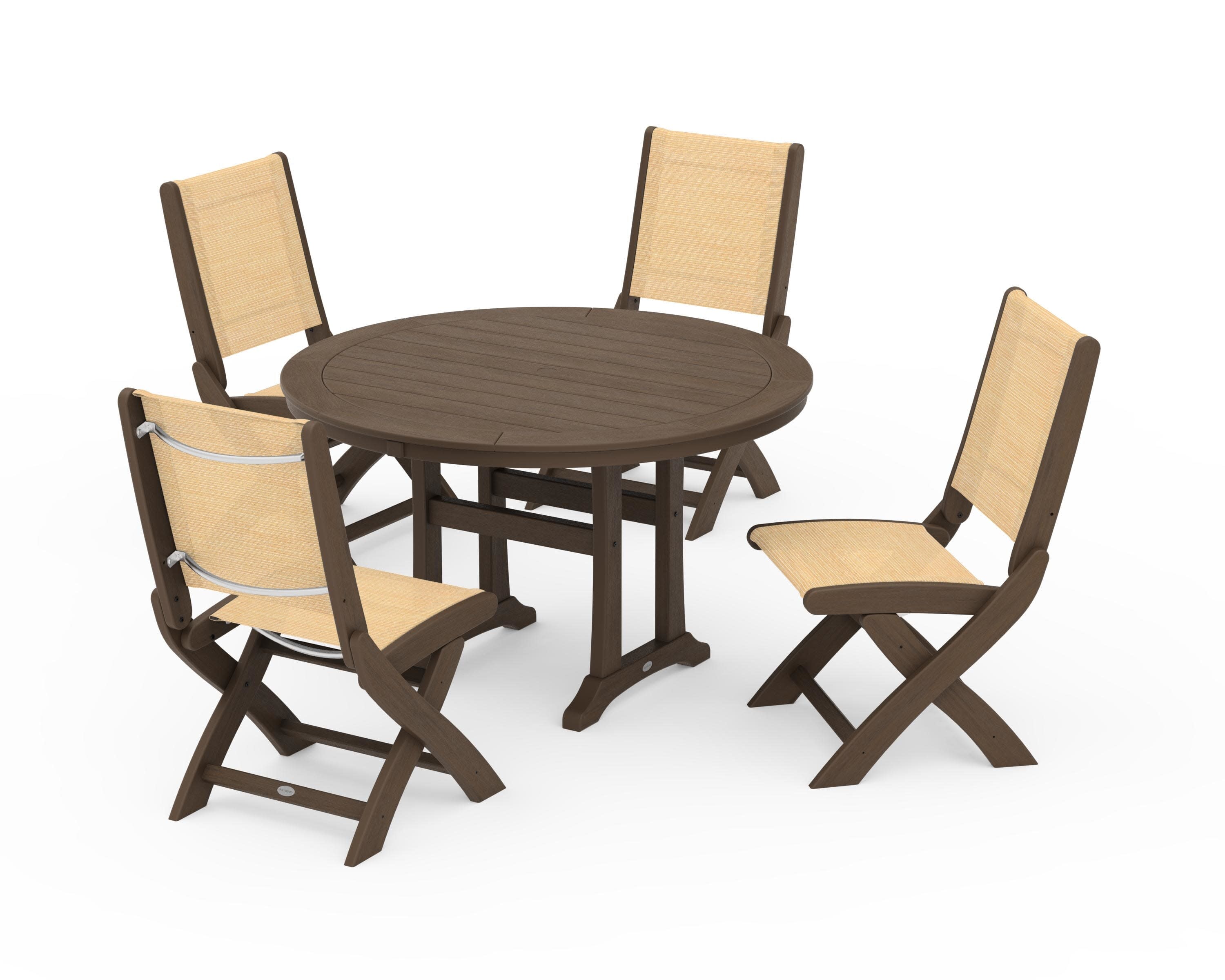 Coastal Folding Side Chair 5-Piece Round Dining Set With Trestle Legs in Kona / Dupioni Apricot Sling