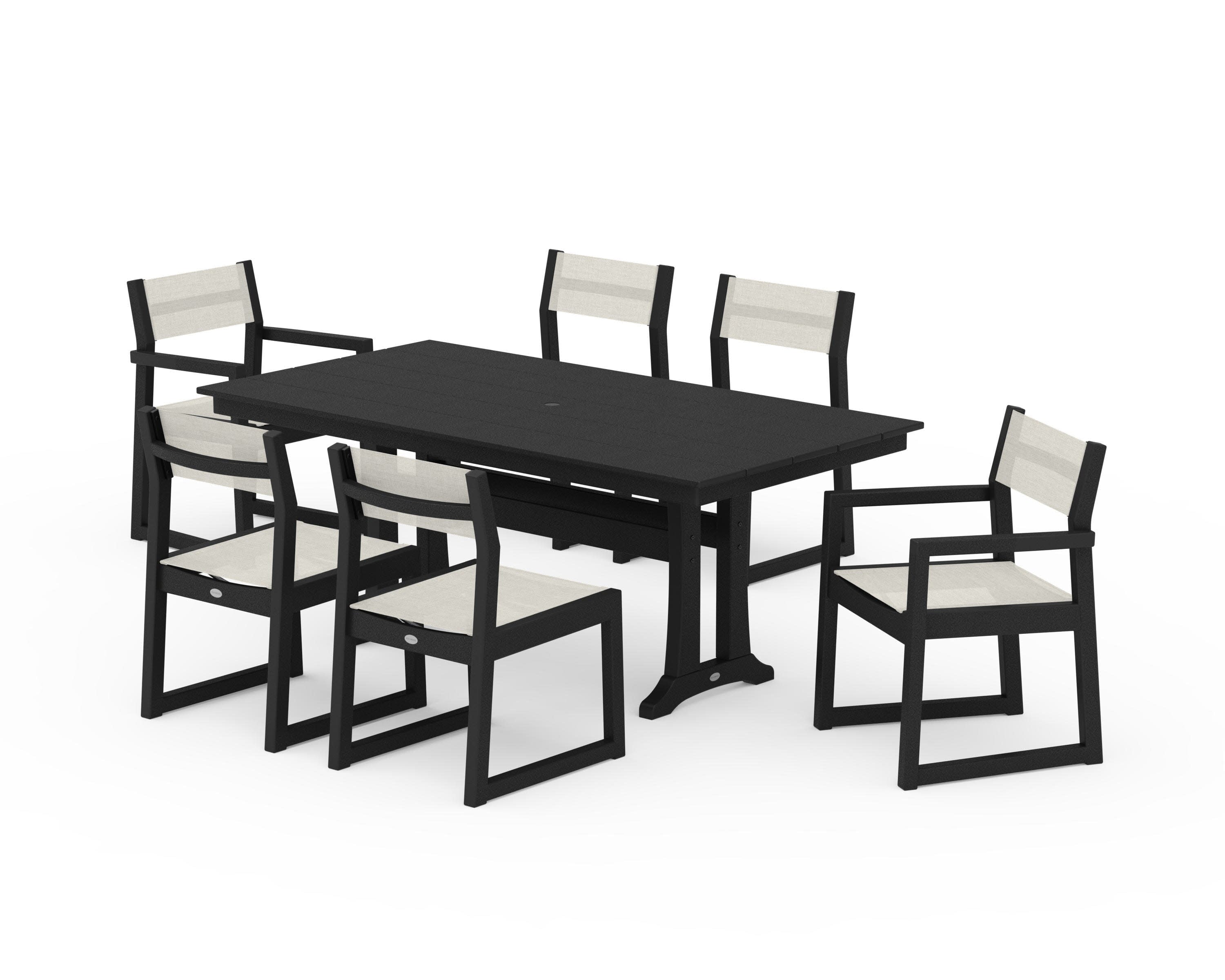 EDGE Sling 7-Piece Farmhouse Trestle Dining Set in Black / Parchment Sling