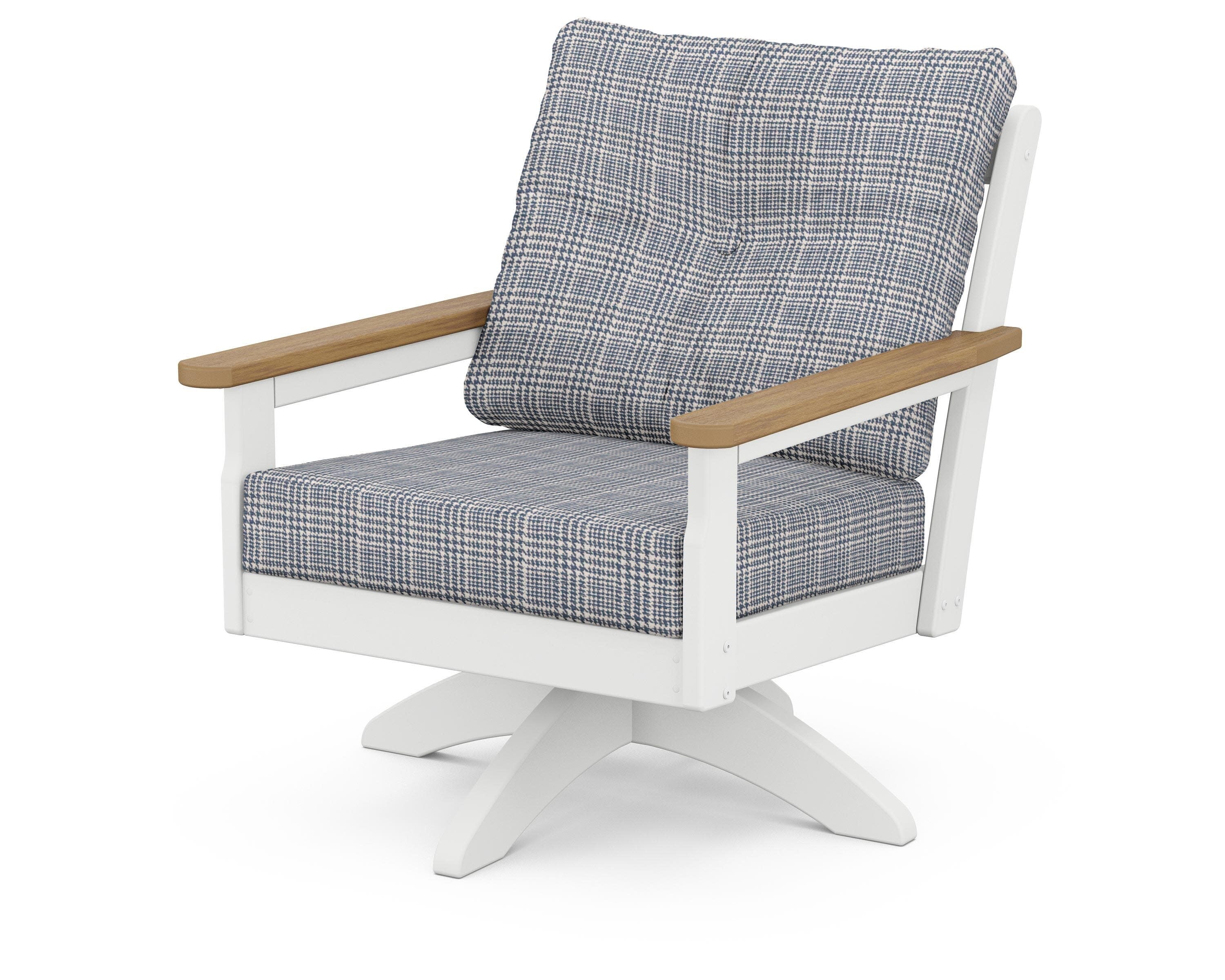 Vineyard Deep Seating Swivel Chair in White / Natural / Houndstooth Sky Blue
