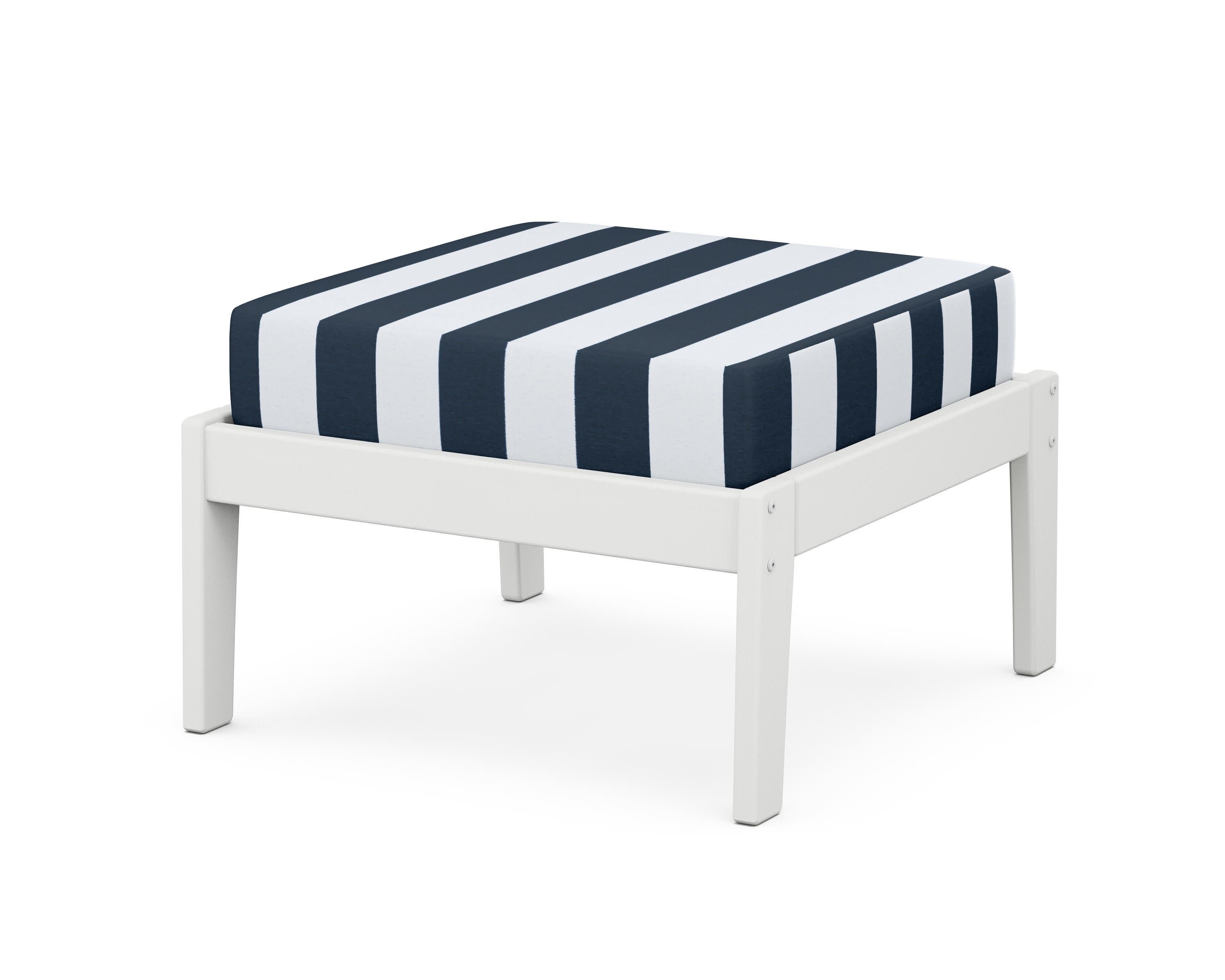 Deep Seating Ottoman in White / Cabana Stripe Marine Indigo