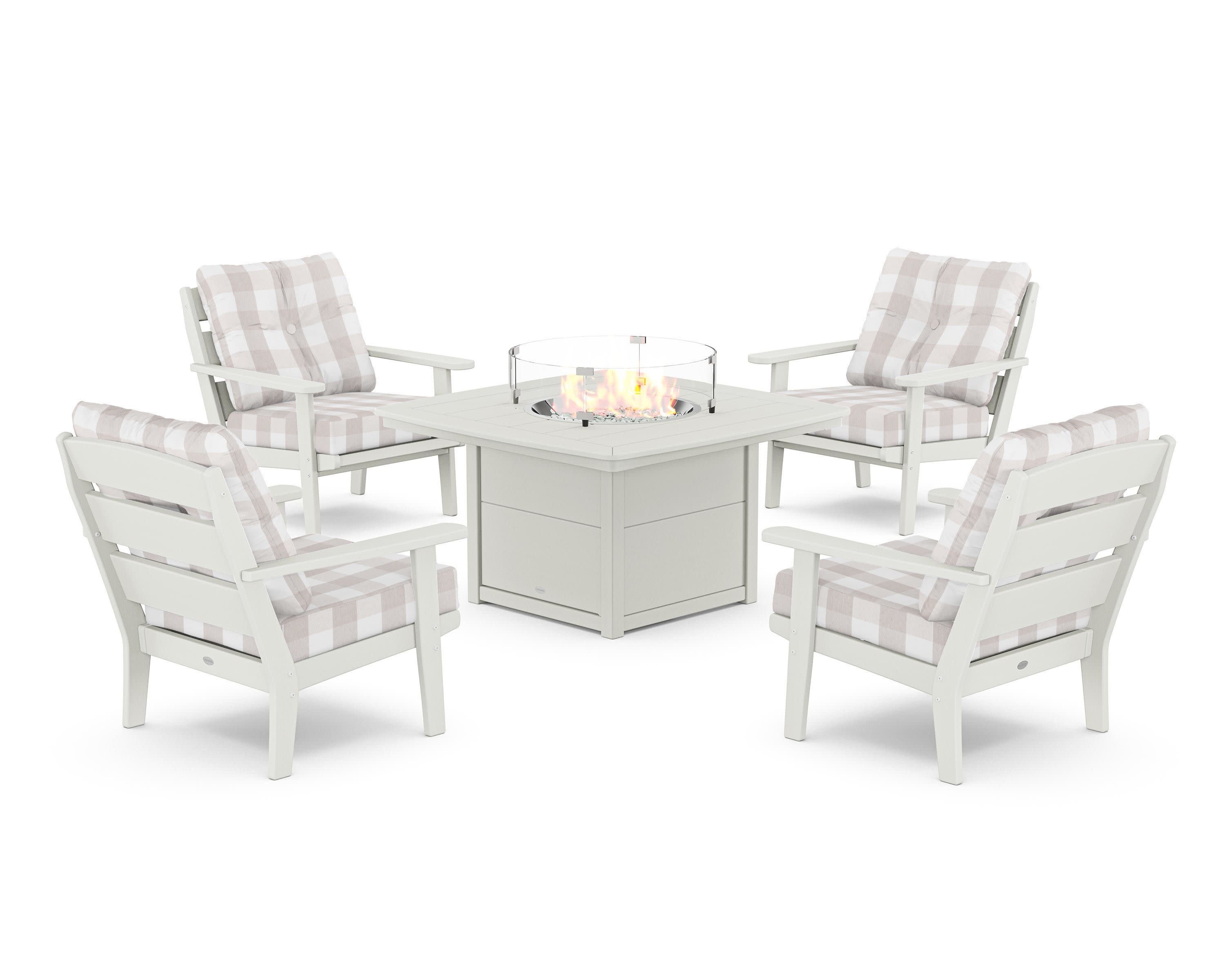 Lakeside 5-Piece Deep Seating Set with Nautical Fire Pit Table in Vintage White / Buffalo Plaid Dune Burlap