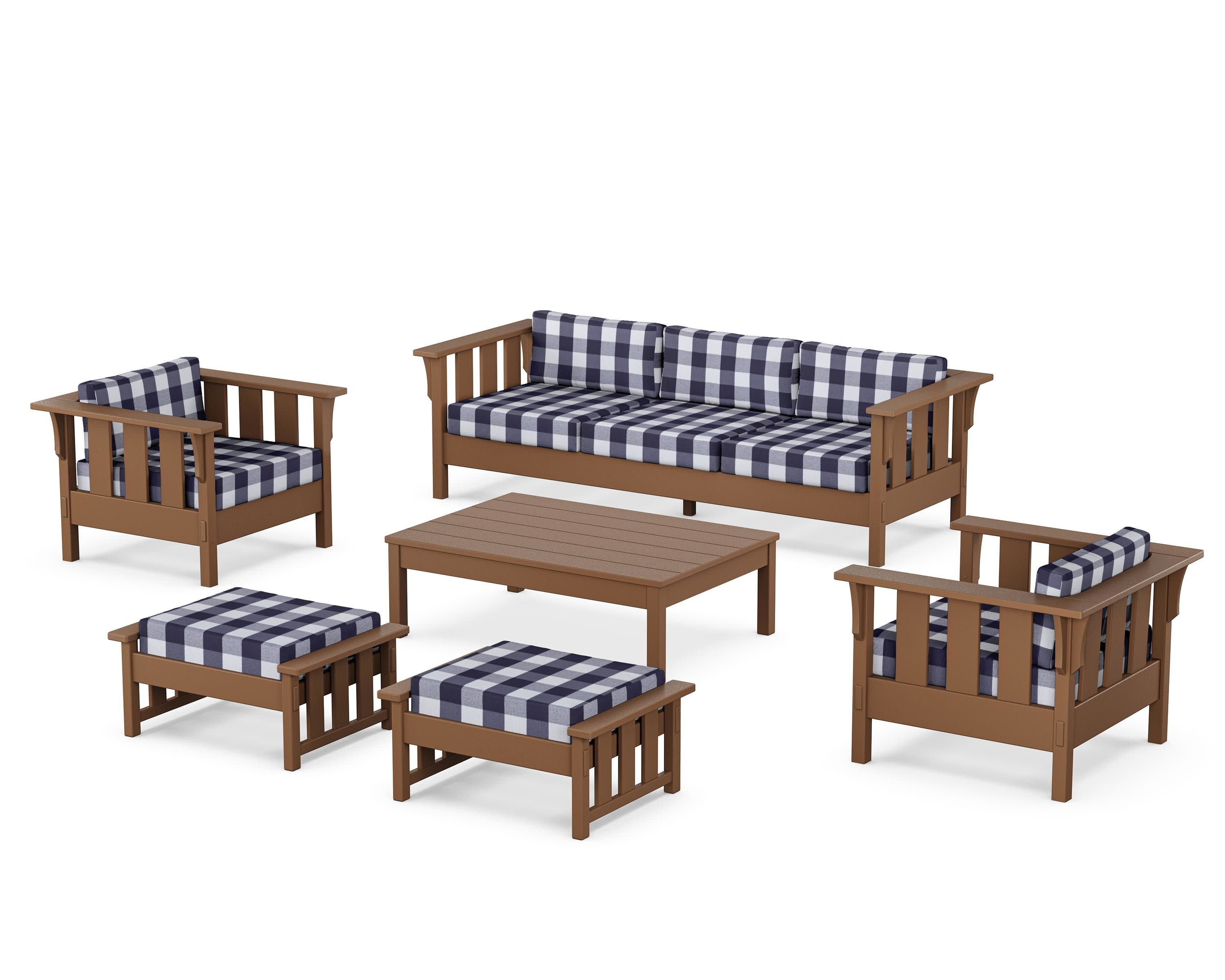 Acadia 6-Piece Lounge Sofa Set in Teak / Buffalo Plaid Navy