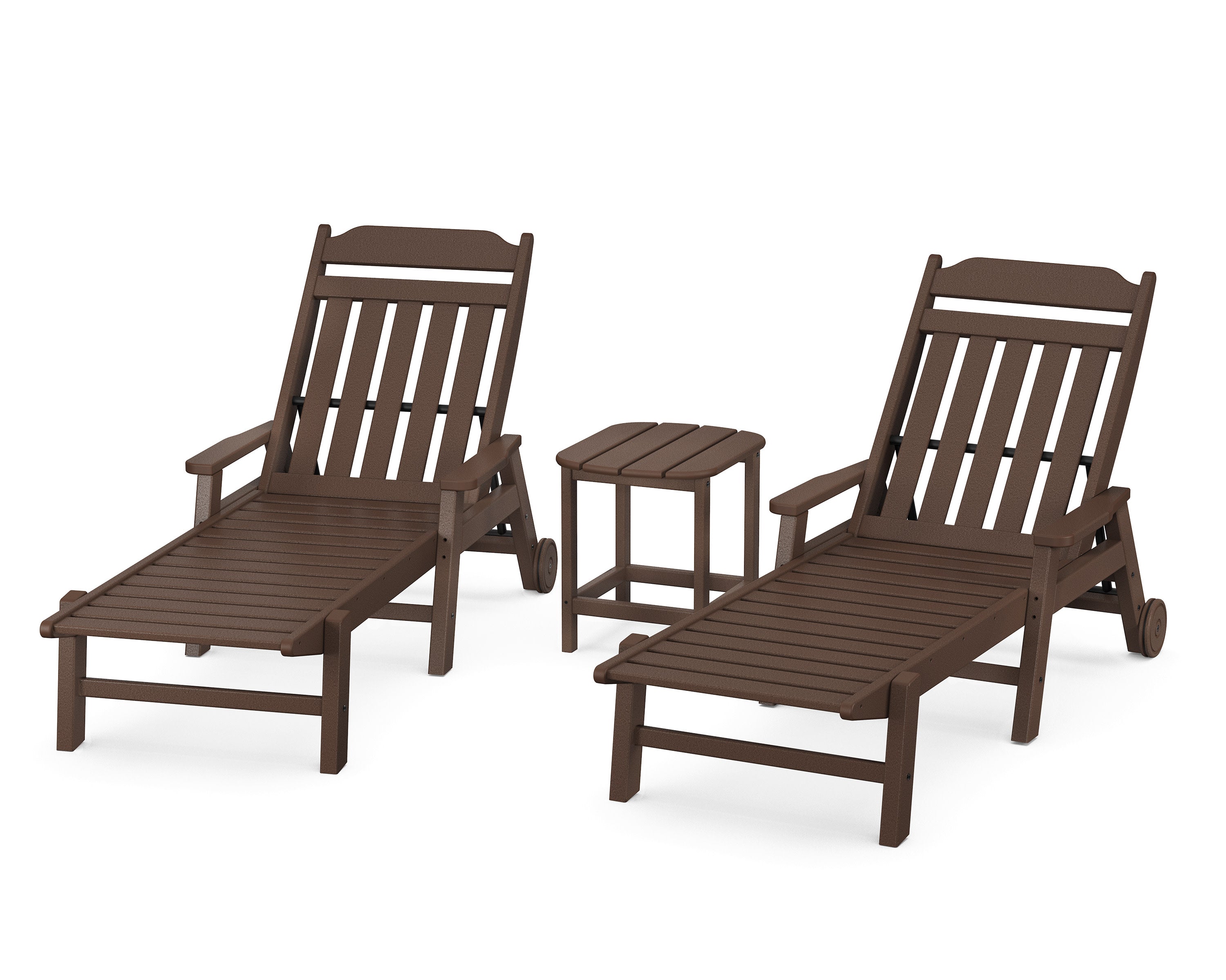 Cottage 3-Piece Chaise Set with Arms and Wheels in Mahogany