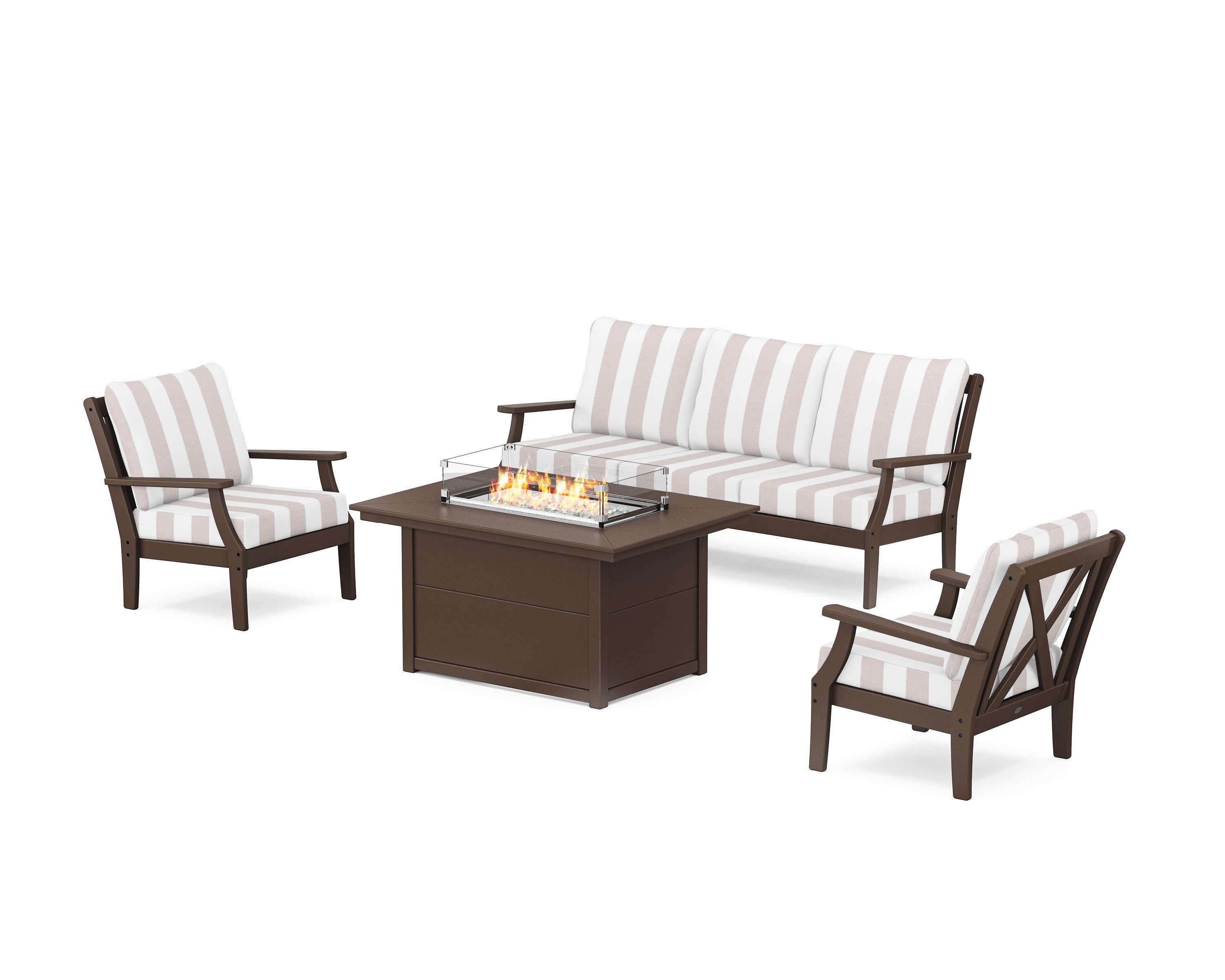 Braxton Deep Seating Fire Pit Table Set in Mahogany / Cabana Stripe Dune Burlap
