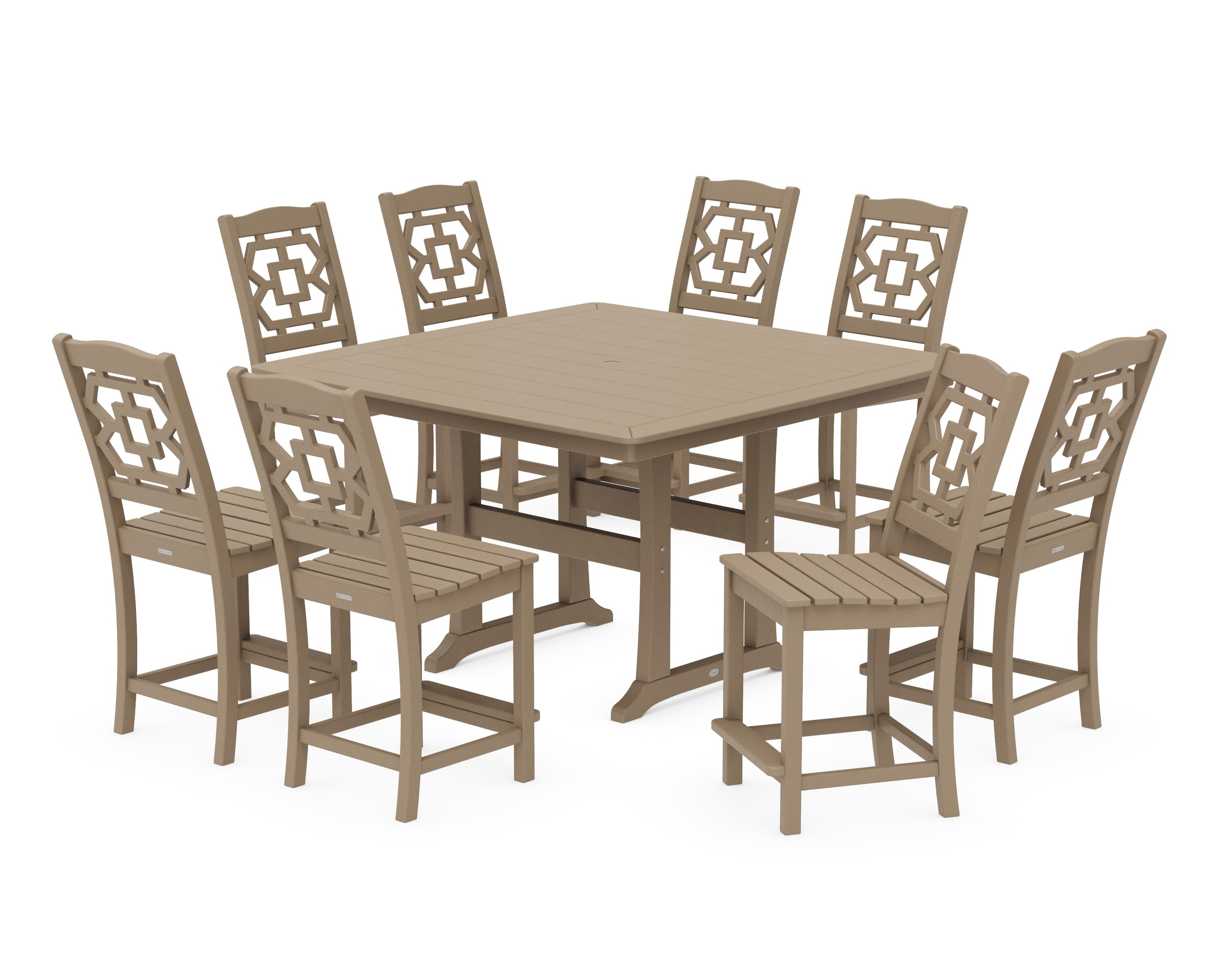 Chinoiserie 9-Piece Square Side Chair Counter Set with Trestle Legs in Vintage Sahara