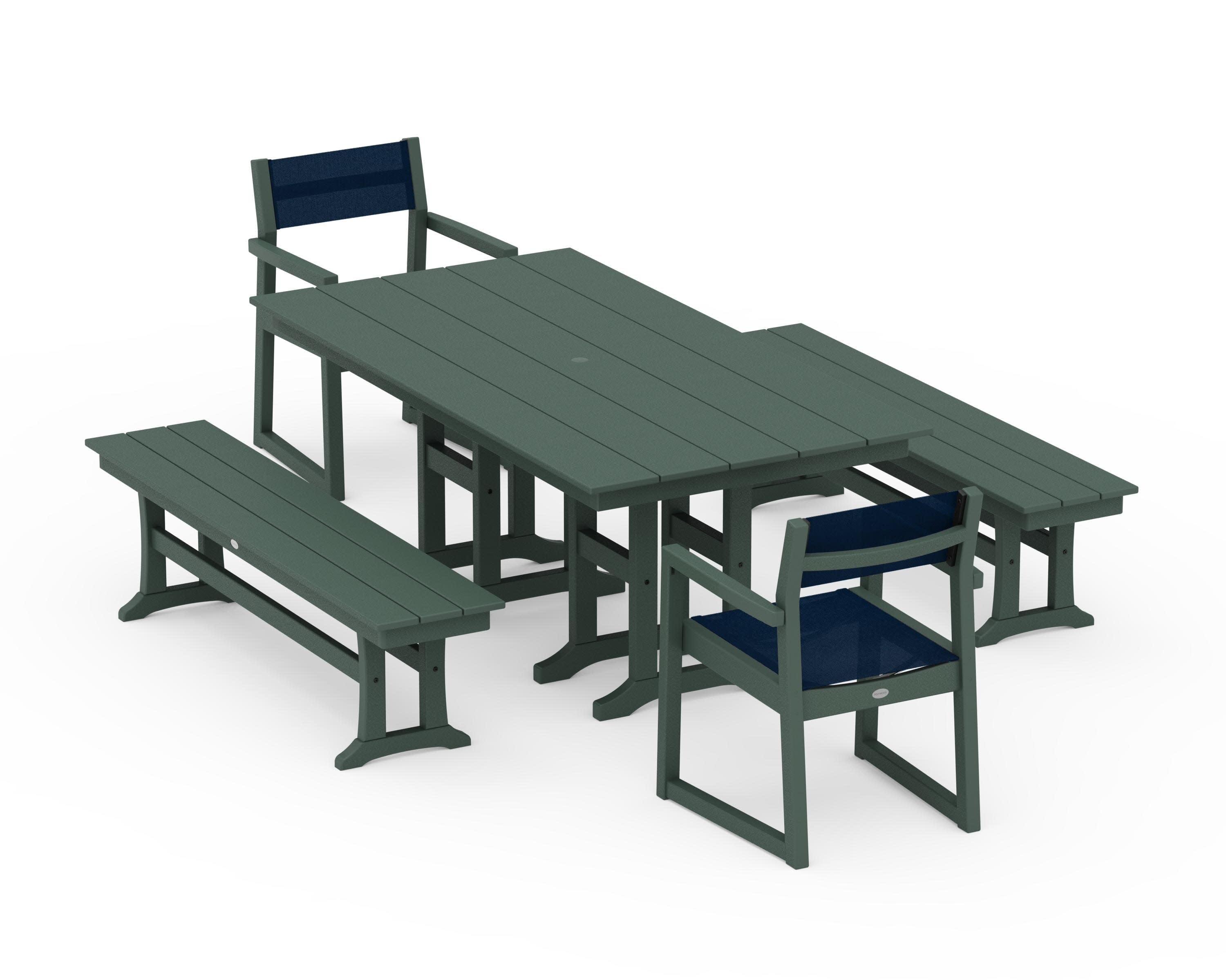 EDGE Sling Arm Chair 5-Piece Farmhouse Dining Set with Benches in Green / Navy Blue Sling