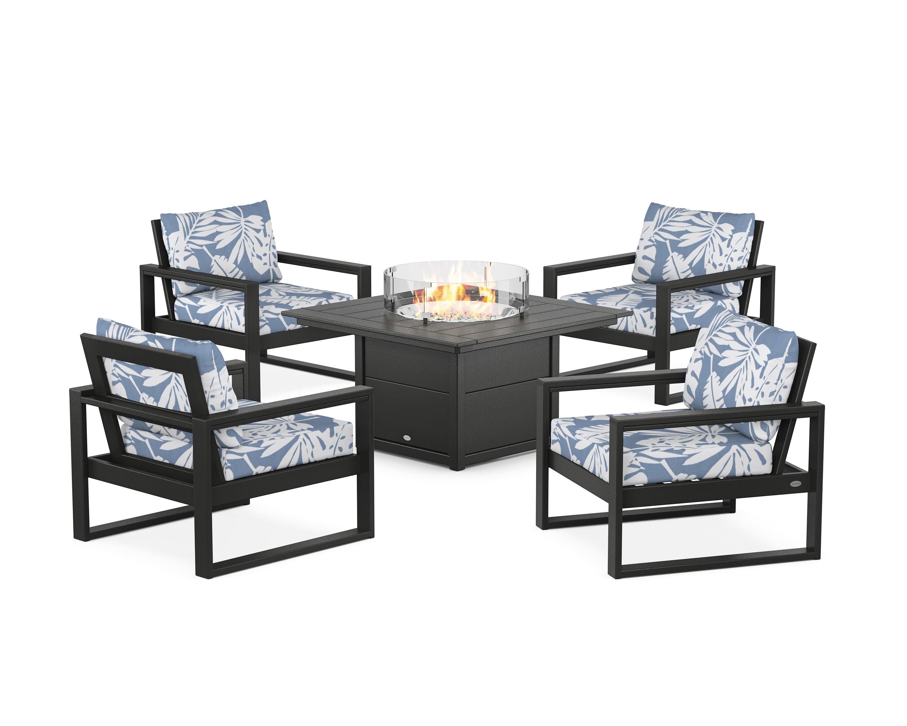 EDGE Sectional 5-Piece Deep Seating Set with Fire Pit Table in Black / Leaf Sky Blue