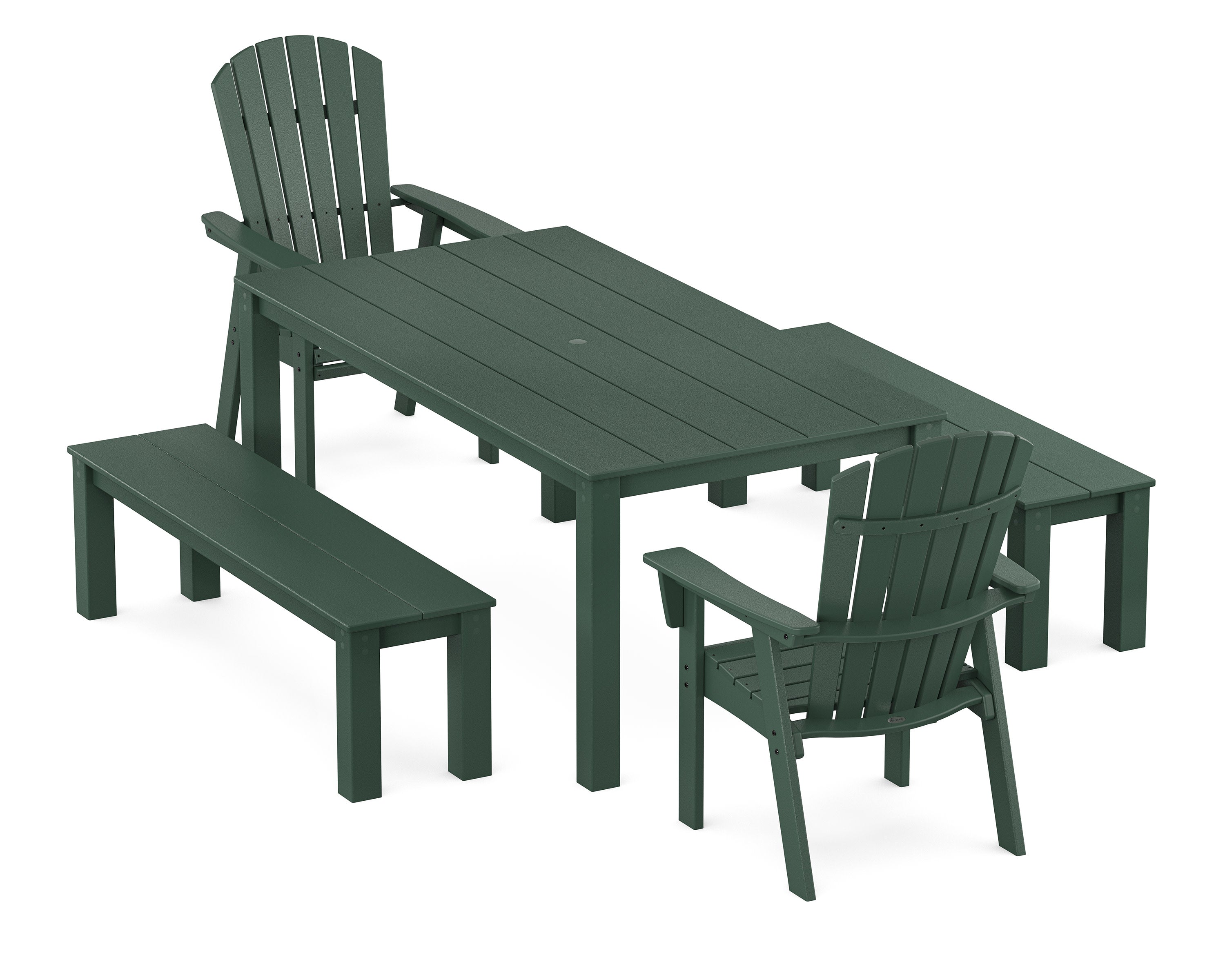 Nautical Curveback Adirondack 5-Piece Parsons Dining Set with Benches in Green