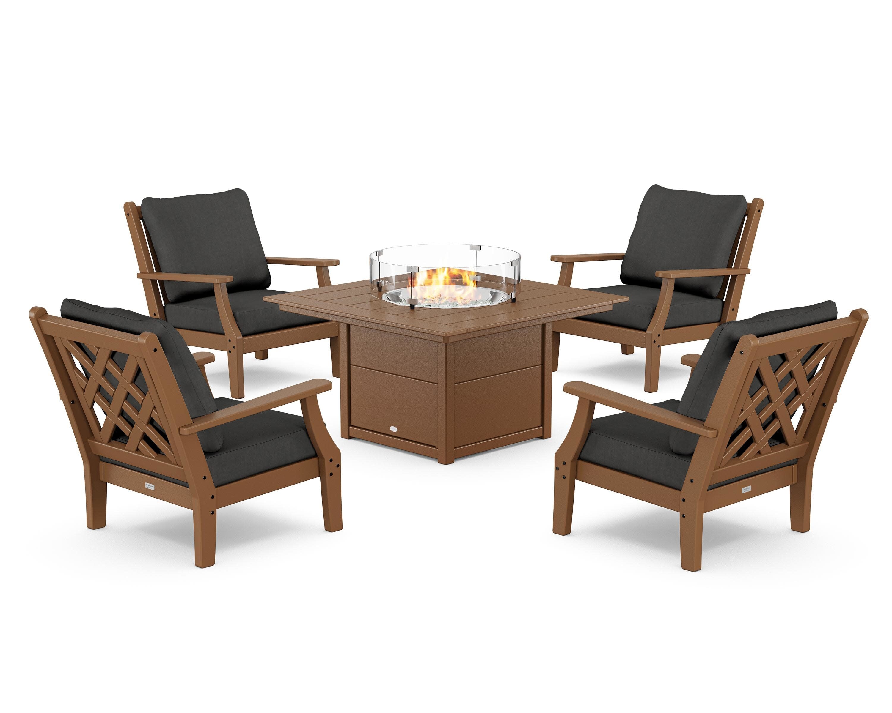 Wovendale 5-Piece Deep Seating Set with Fire Pit Table in Teak / Spectrum Carbon