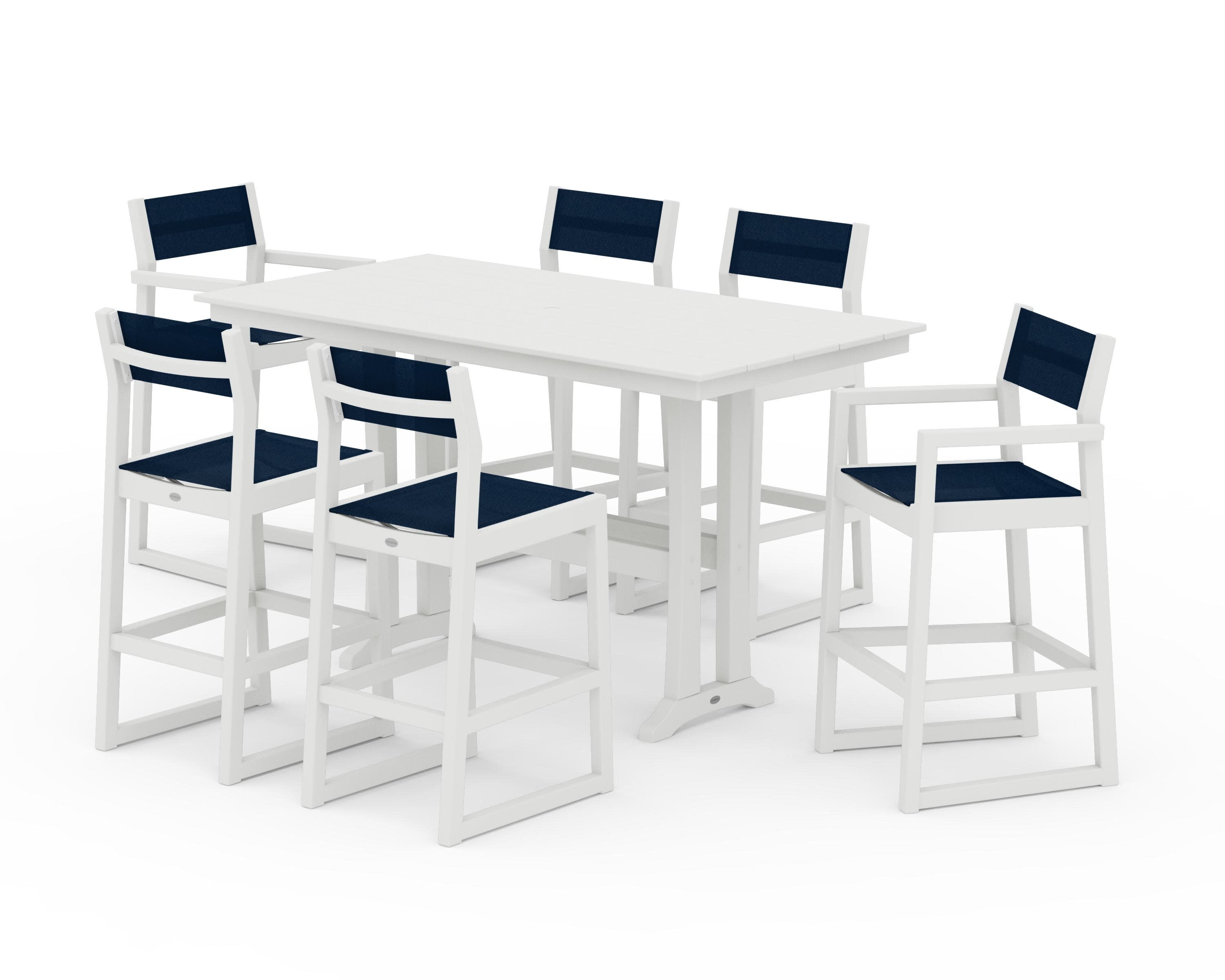 EDGE Sling 7-Piece Farmhouse Bar Set with Trestle Legs in Vintage White / Navy Blue Sling