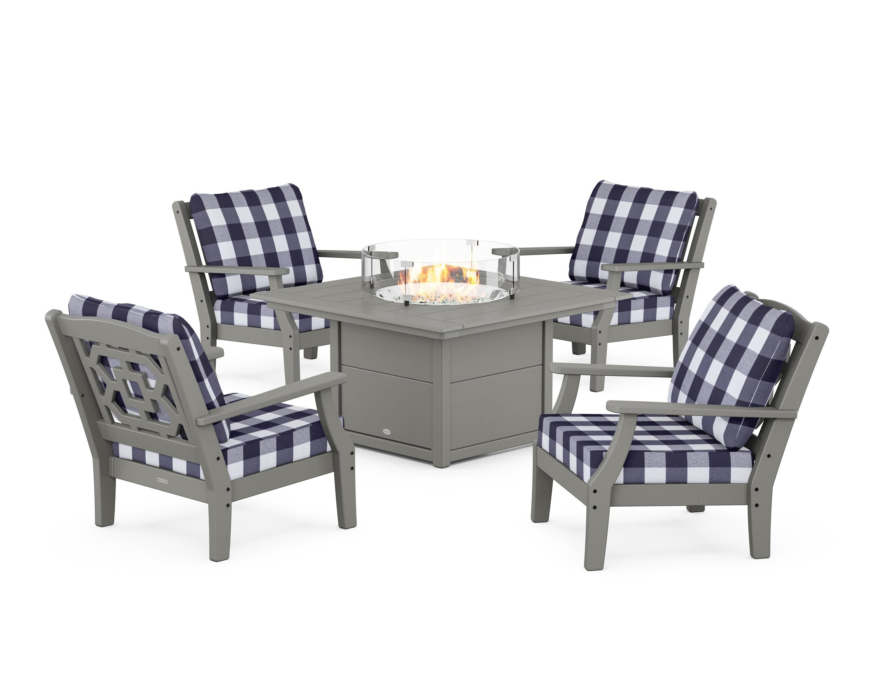 Chinoiserie 5-Piece Deep Seating Set with Fire Pit Table in Slate Grey / Buffalo Plaid Navy
