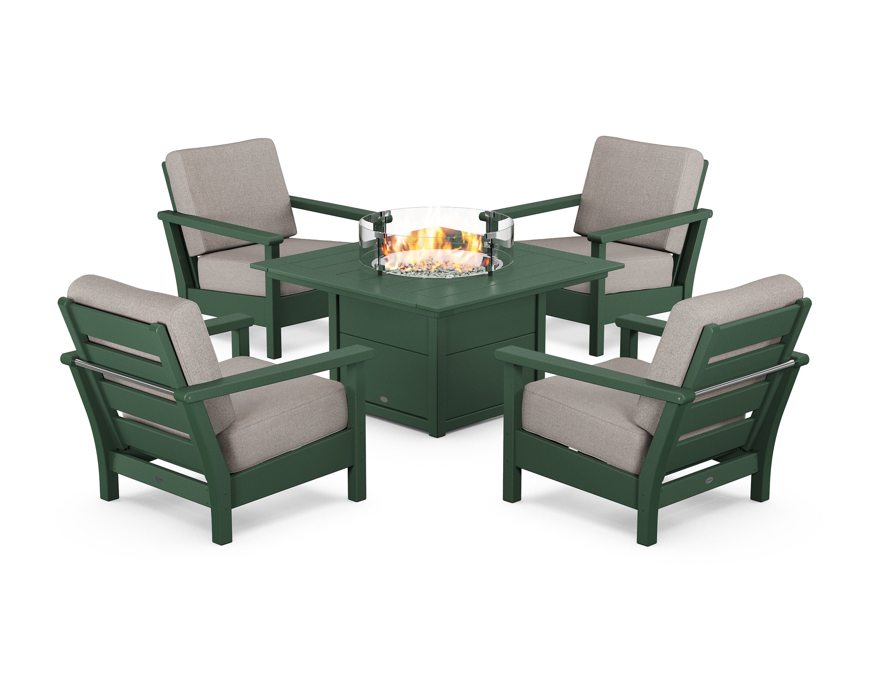 Harbour 5-Piece Conversation Set with Fire Pit Table in Green / Weathered Tweed