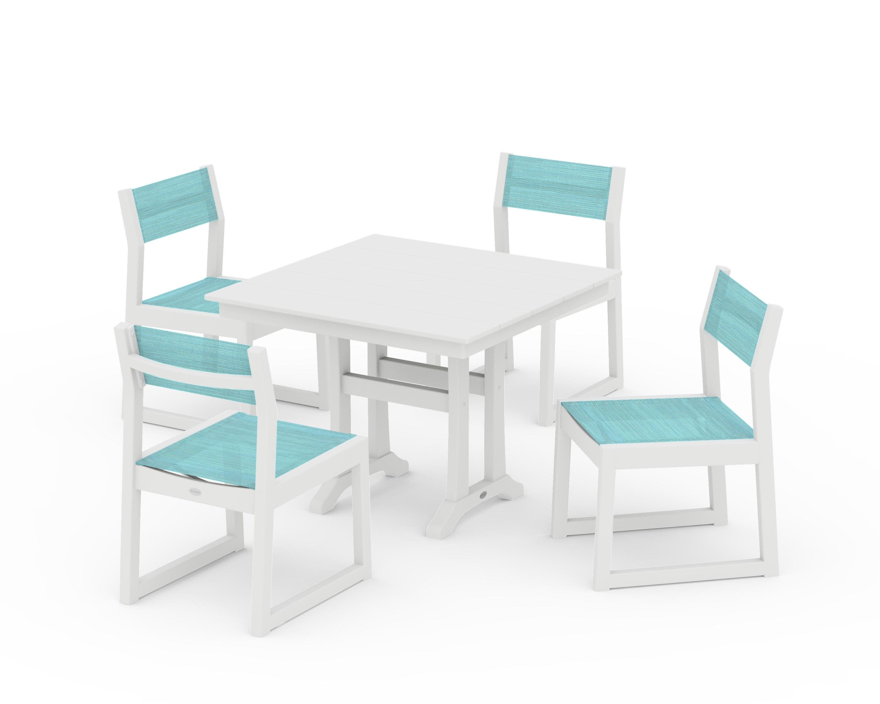 EDGE Sling 5-Piece Farmhouse Trestle Side Chair Dining Set in White / Dupioni Aquamarine Sling