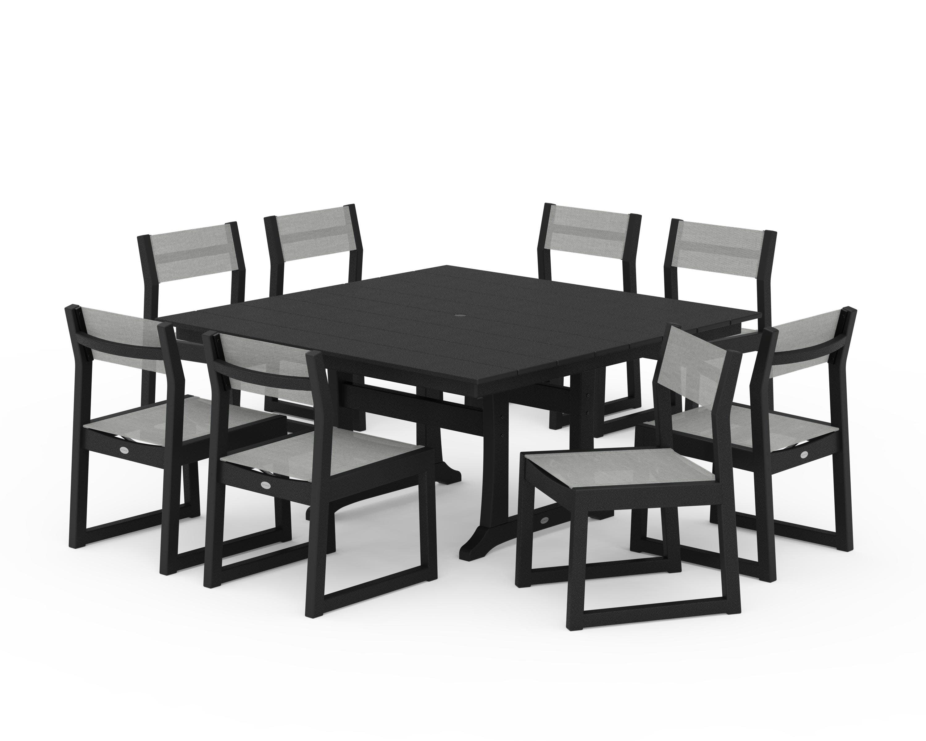 EDGE Sling Side Chair 9-Piece Farmhouse Trestle Dining Set in Black / Metallic Sling