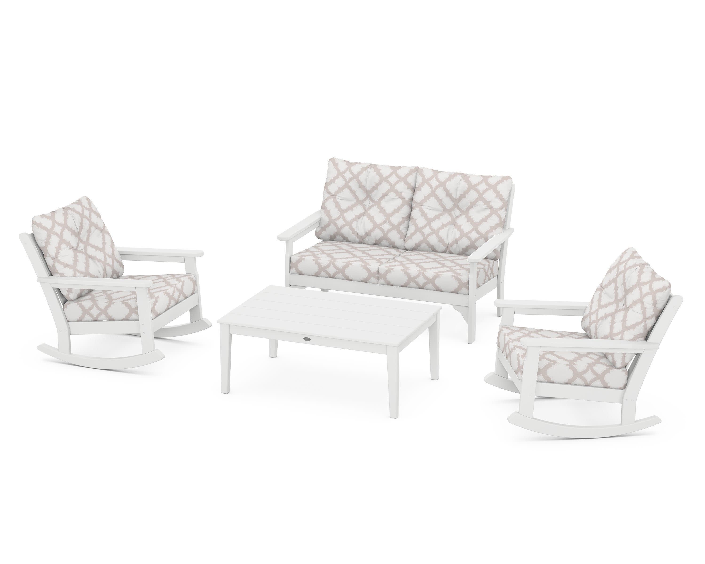 Vineyard 4-Piece Deep Seating Rocking Chair Set in White / Trellis Dune Burlap