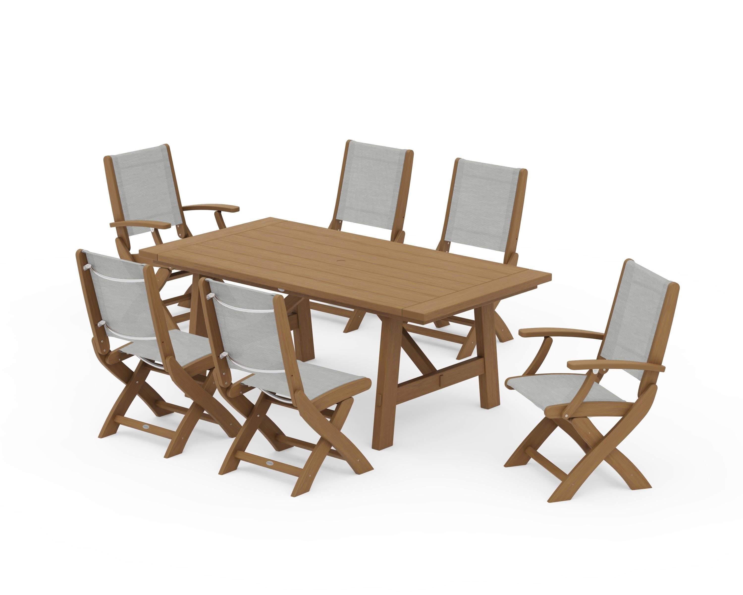 Coastal Folding Chair 7-Piece Rustic Farmhouse Dining Set in Natural / Metallic Sling