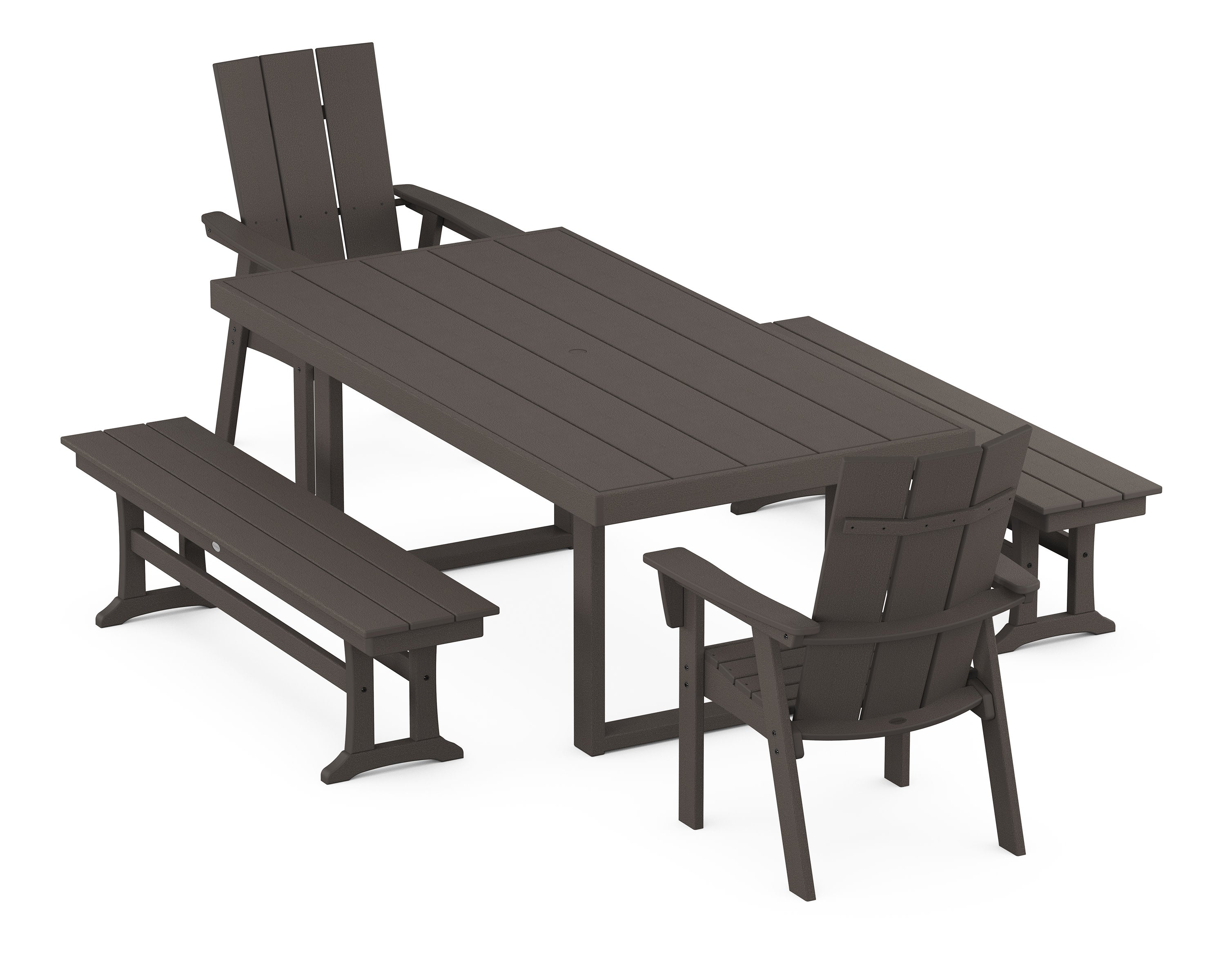 Modern Curveback Adirondack 5-Piece Dining Set with Benches in Vintage Coffee