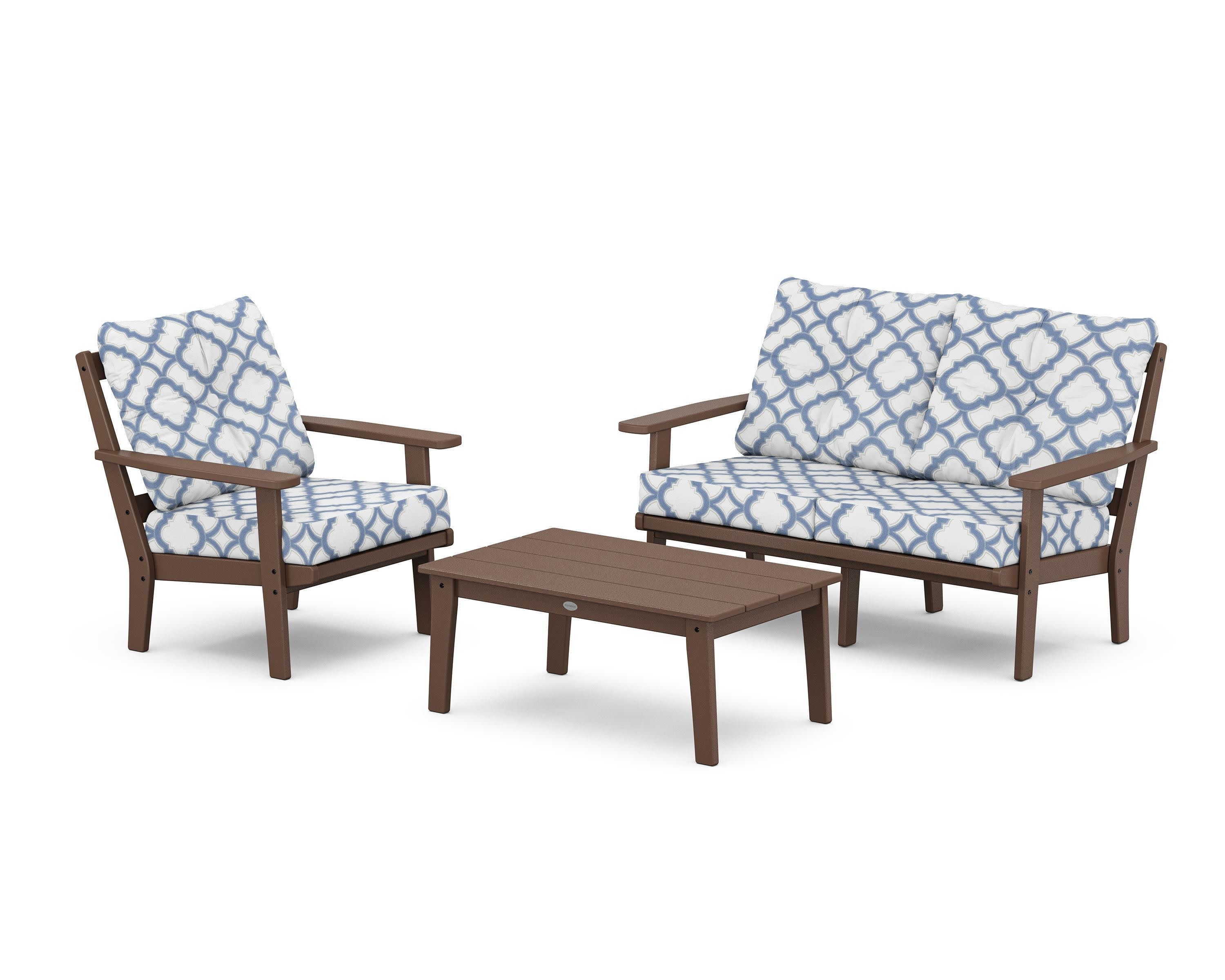 Oxford 3-Piece Deep Seating Set with Loveseat in Mahogany / Trellis Sky Blue