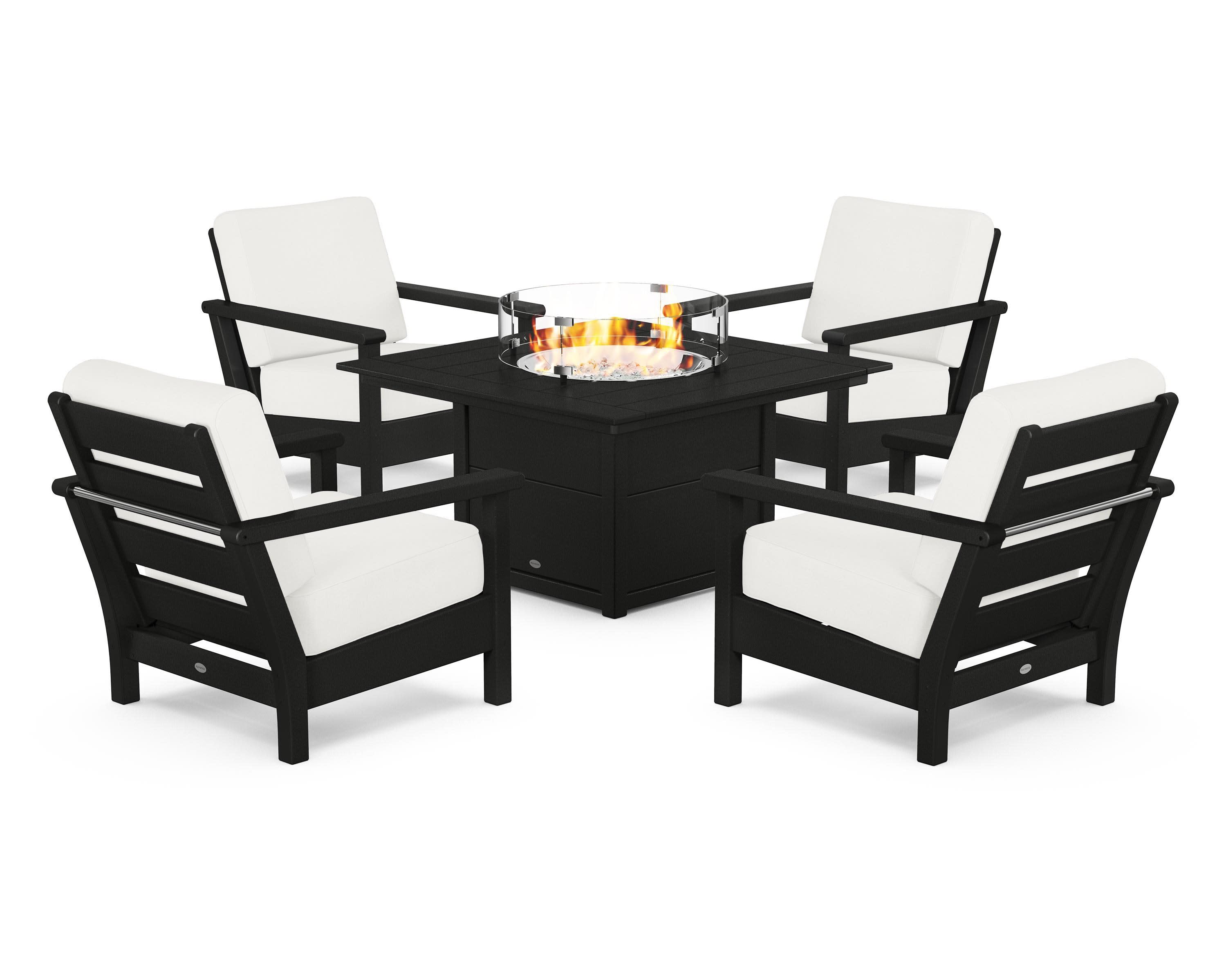 Harbour 5-Piece Conversation Set with Fire Pit Table in Black / Natural Linen