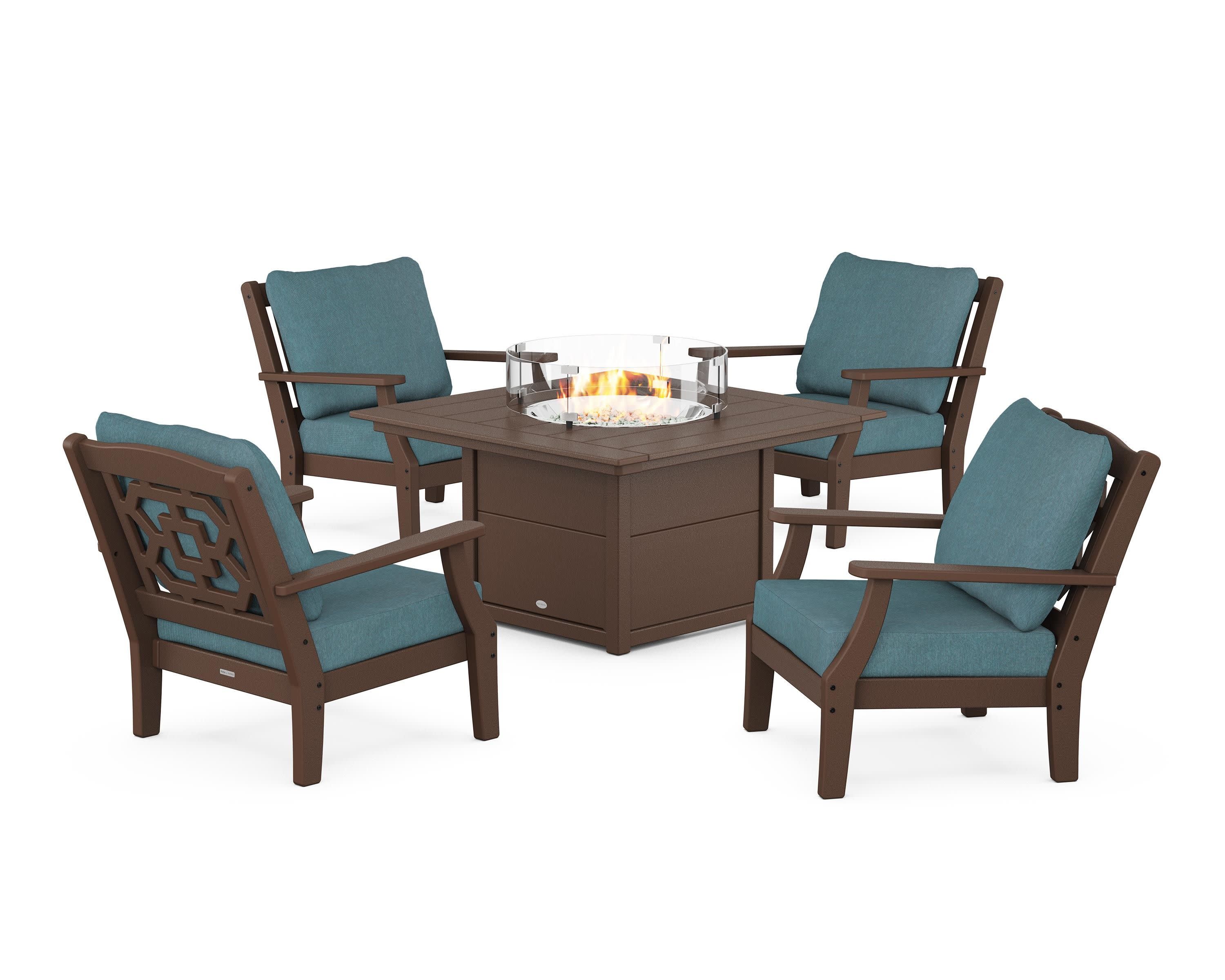 Chinoiserie 5-Piece Deep Seating Set with Fire Pit Table in Mahogany / Ocean Teal