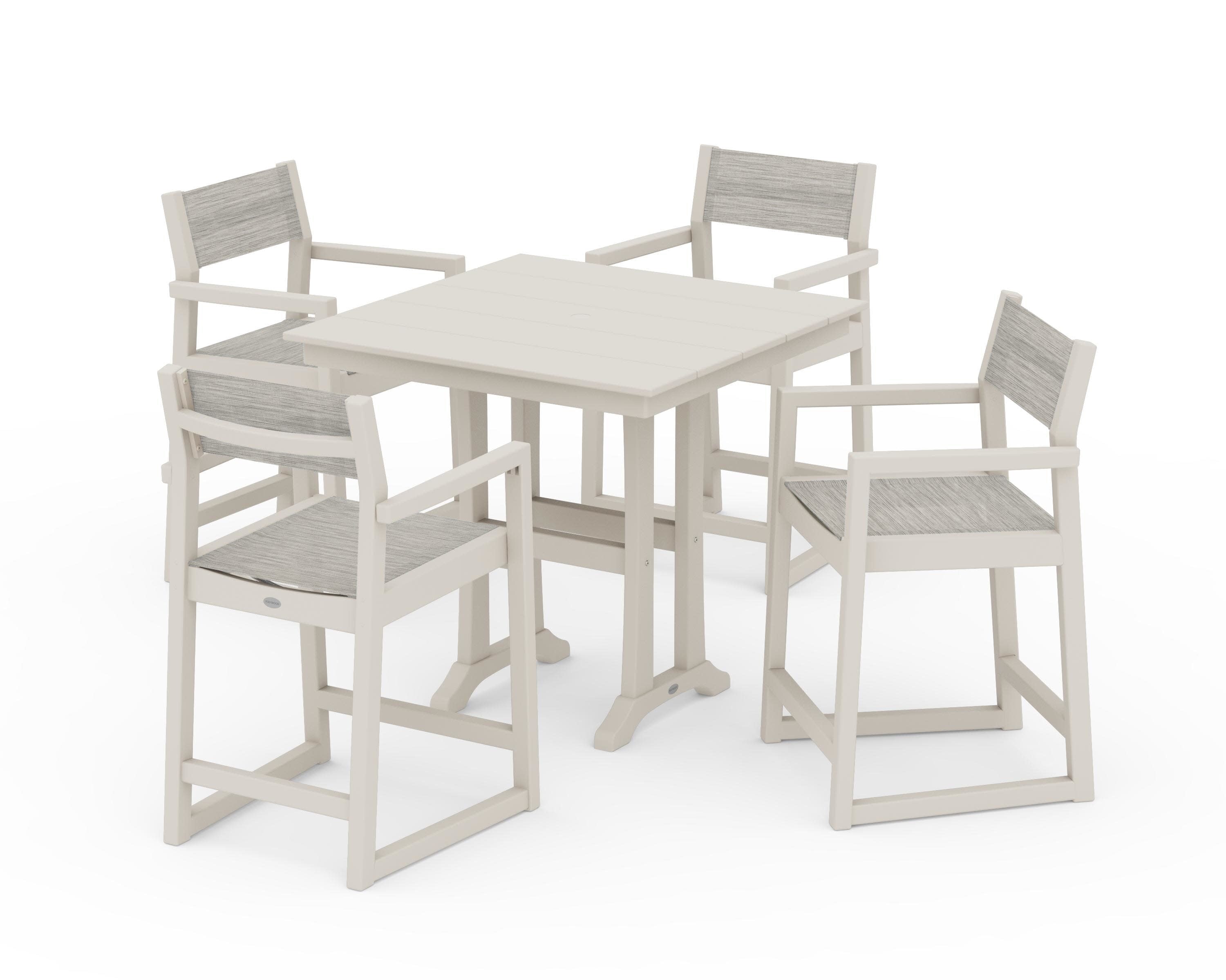 EDGE Sling Arm Chair 5-Piece Farmhouse Counter Set with Trestle Legs in Sand / Birch Sling