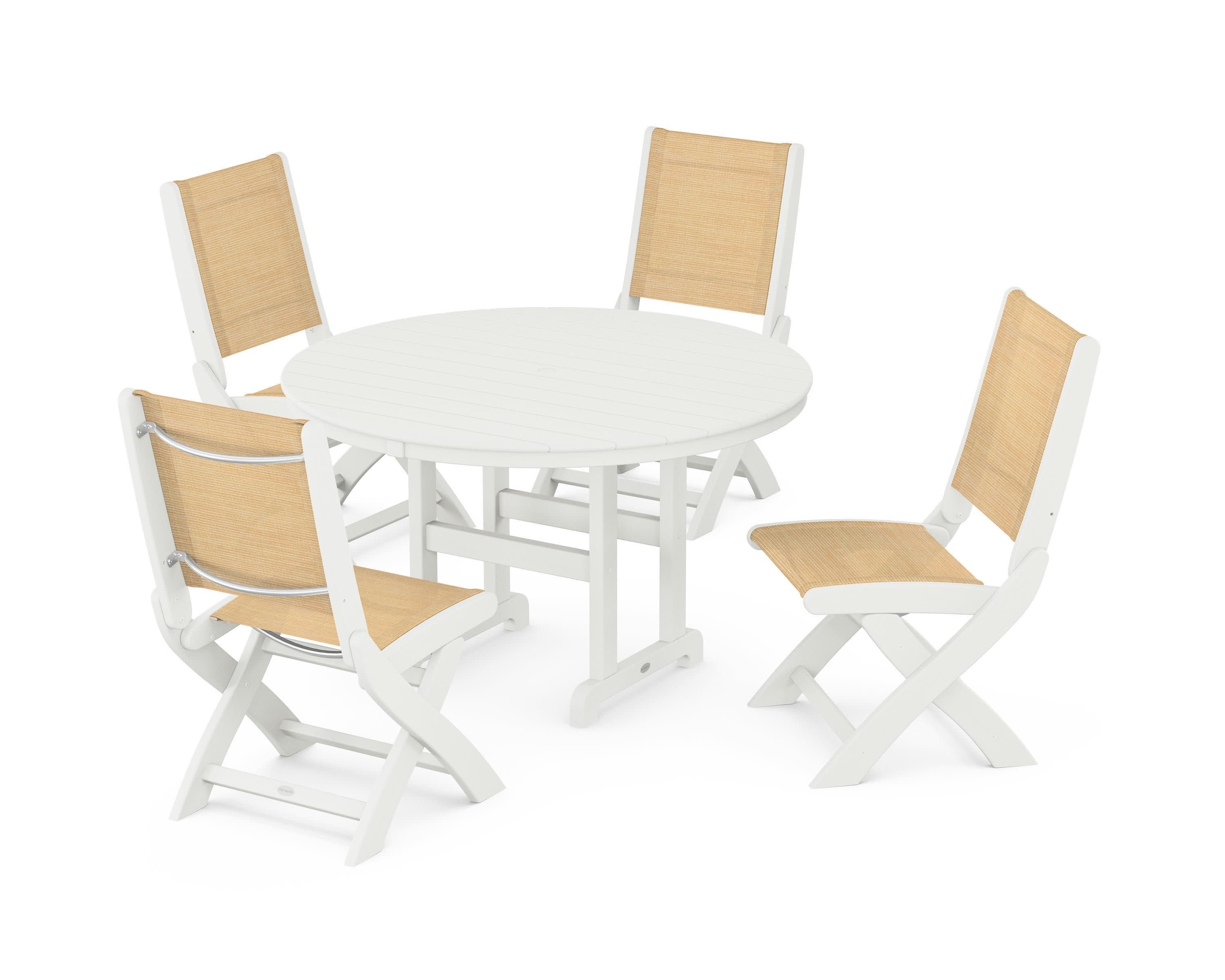 Coastal Folding Side Chair 5-Piece Round Dining Set in Vintage White / Dupioni Apricot Sling