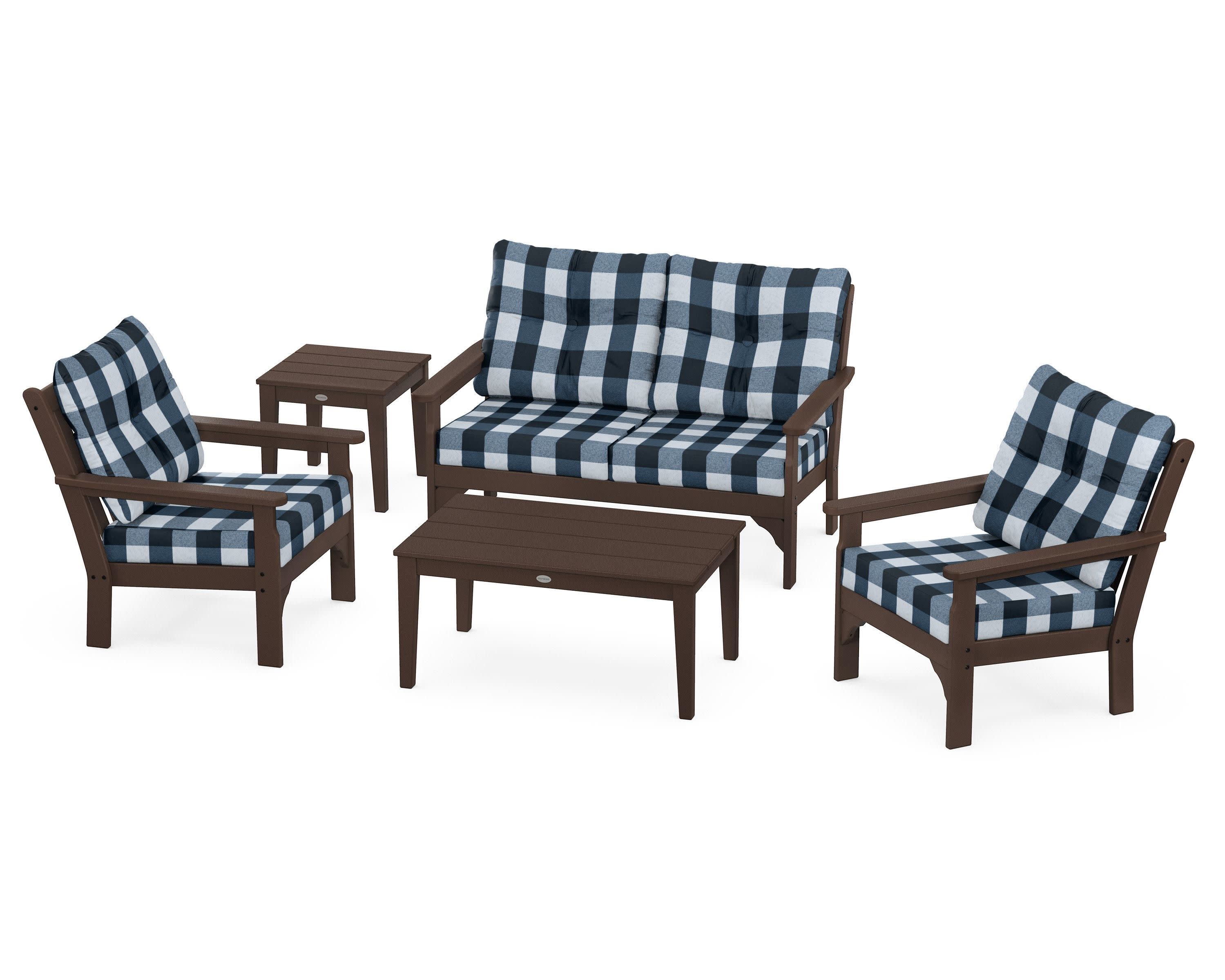 Vineyard 5-Piece Deep Seating Set in Mahogany / Buffalo Plaid Marine Indigo