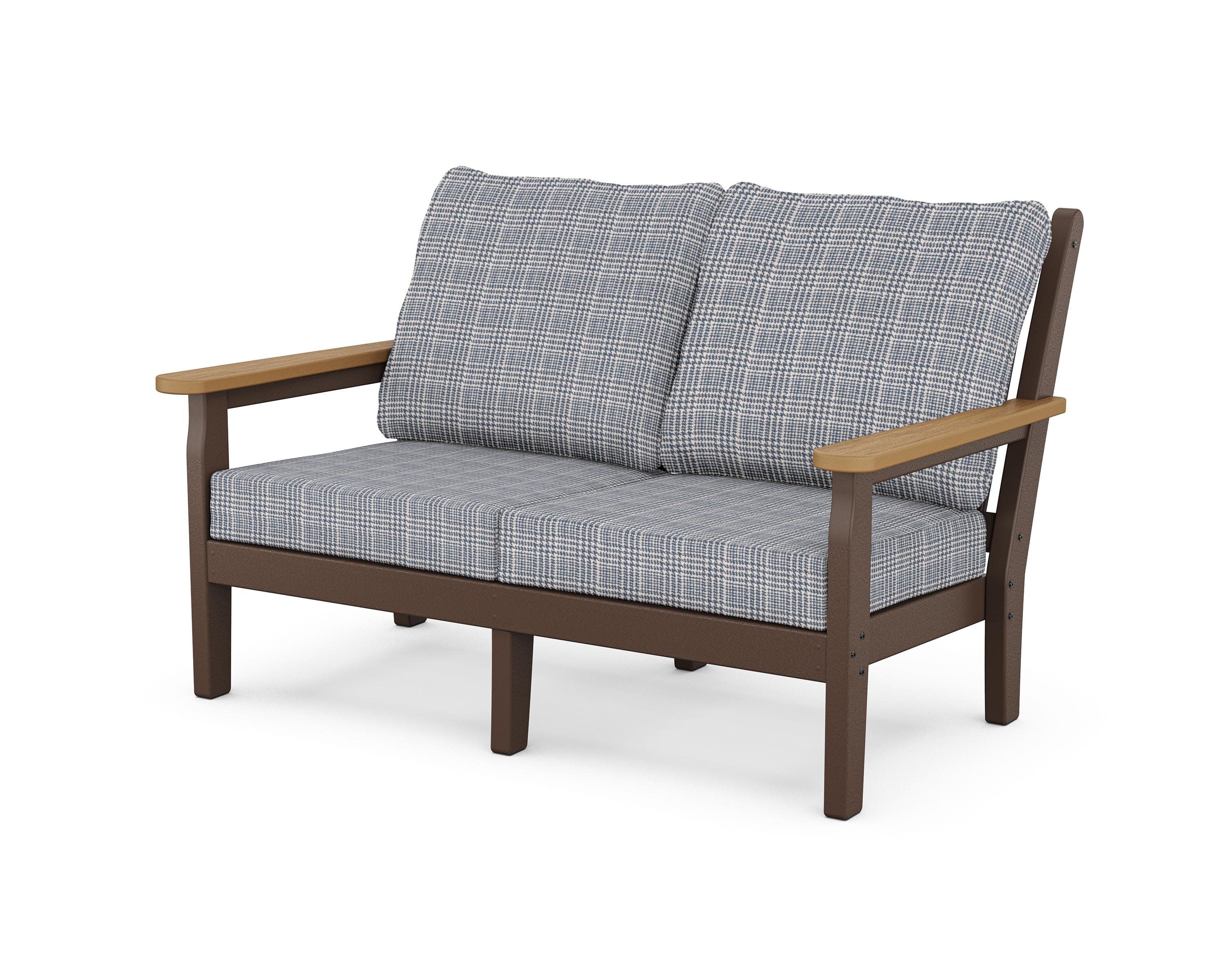 Chippendale Deep Seating Loveseat in Mahogany / Natural / Houndstooth Sky Blue