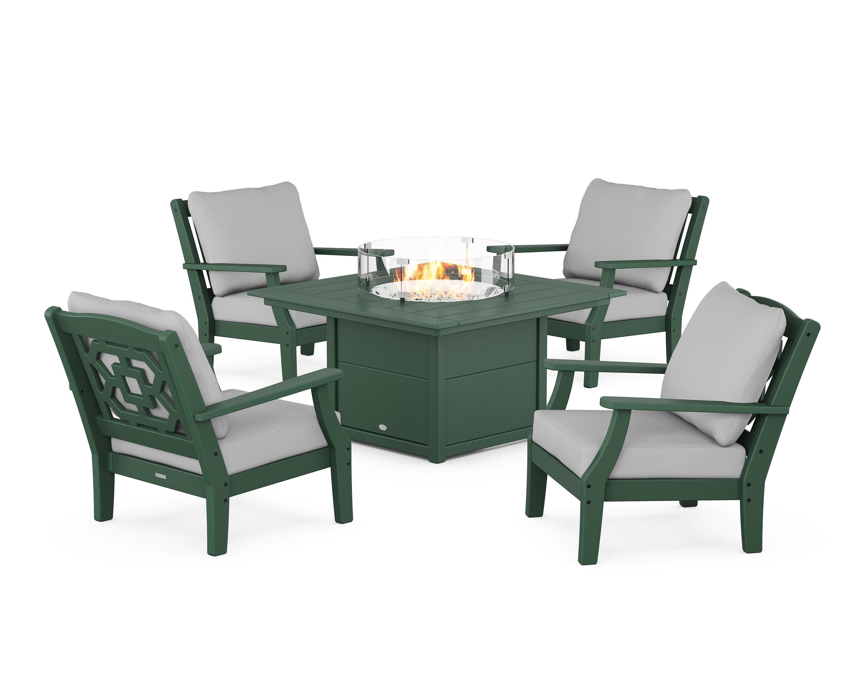 Chinoiserie 5-Piece Deep Seating Set with Fire Pit Table in Green / Midnight Linen