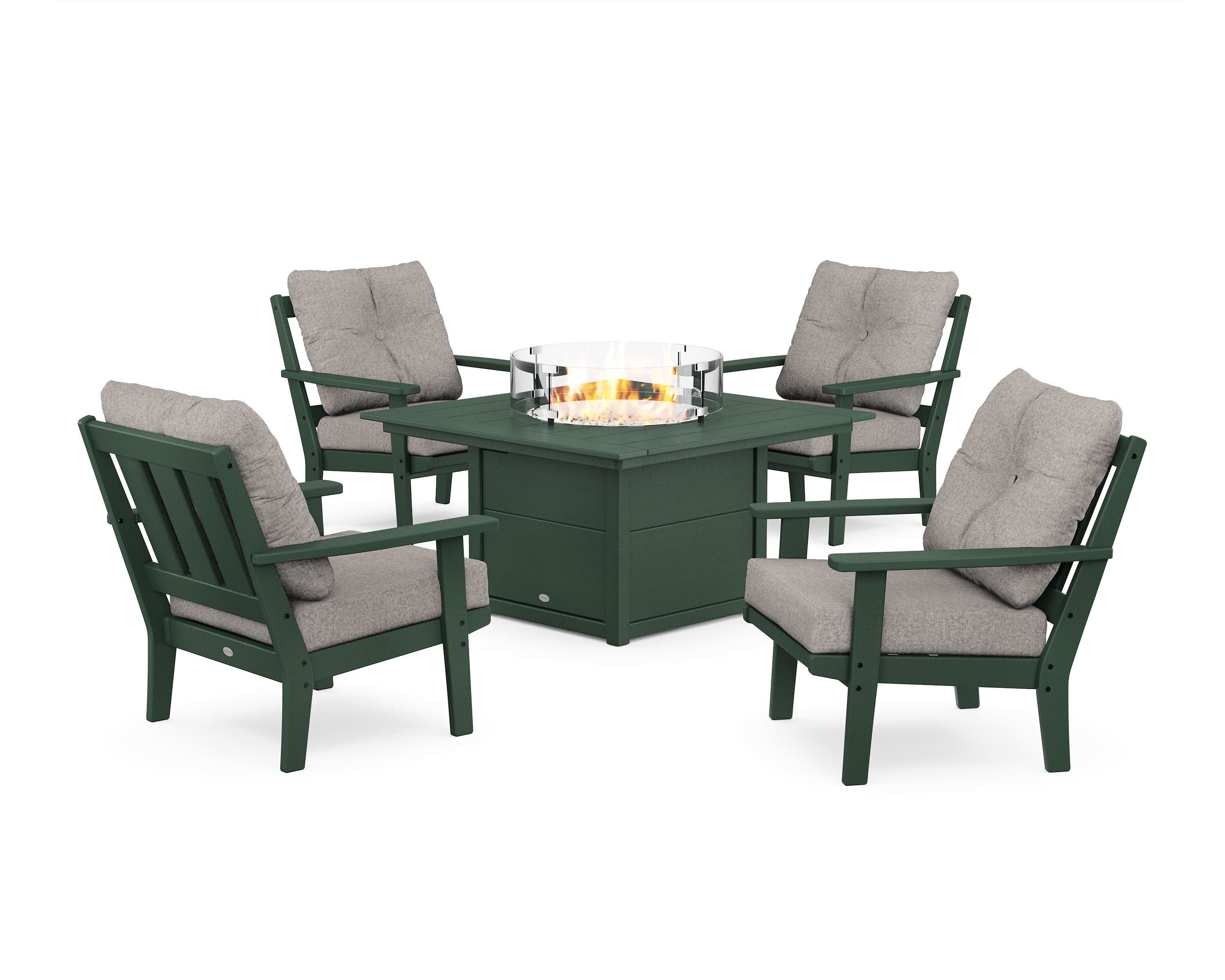 Oxford 5-Piece Deep Seating Set with Fire Pit Table in Green / Weathered Tweed