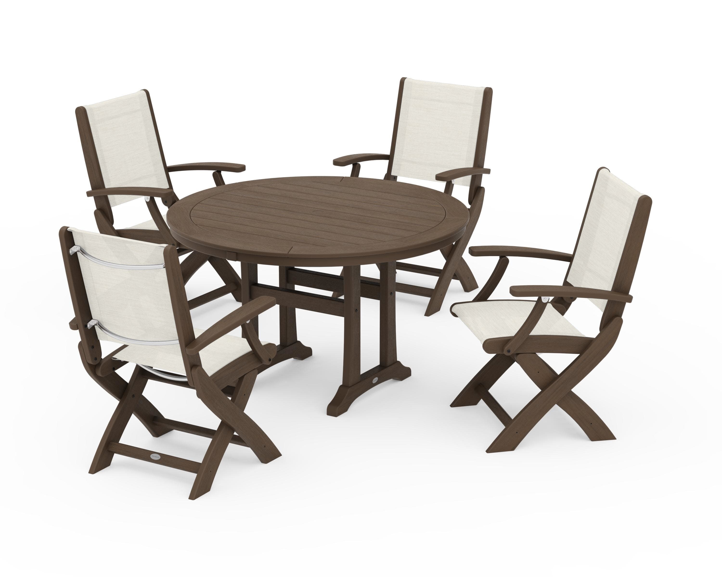 Coastal Folding Chair 5-Piece Round Dining Set with Trestle Legs in Kona / Parchment Sling