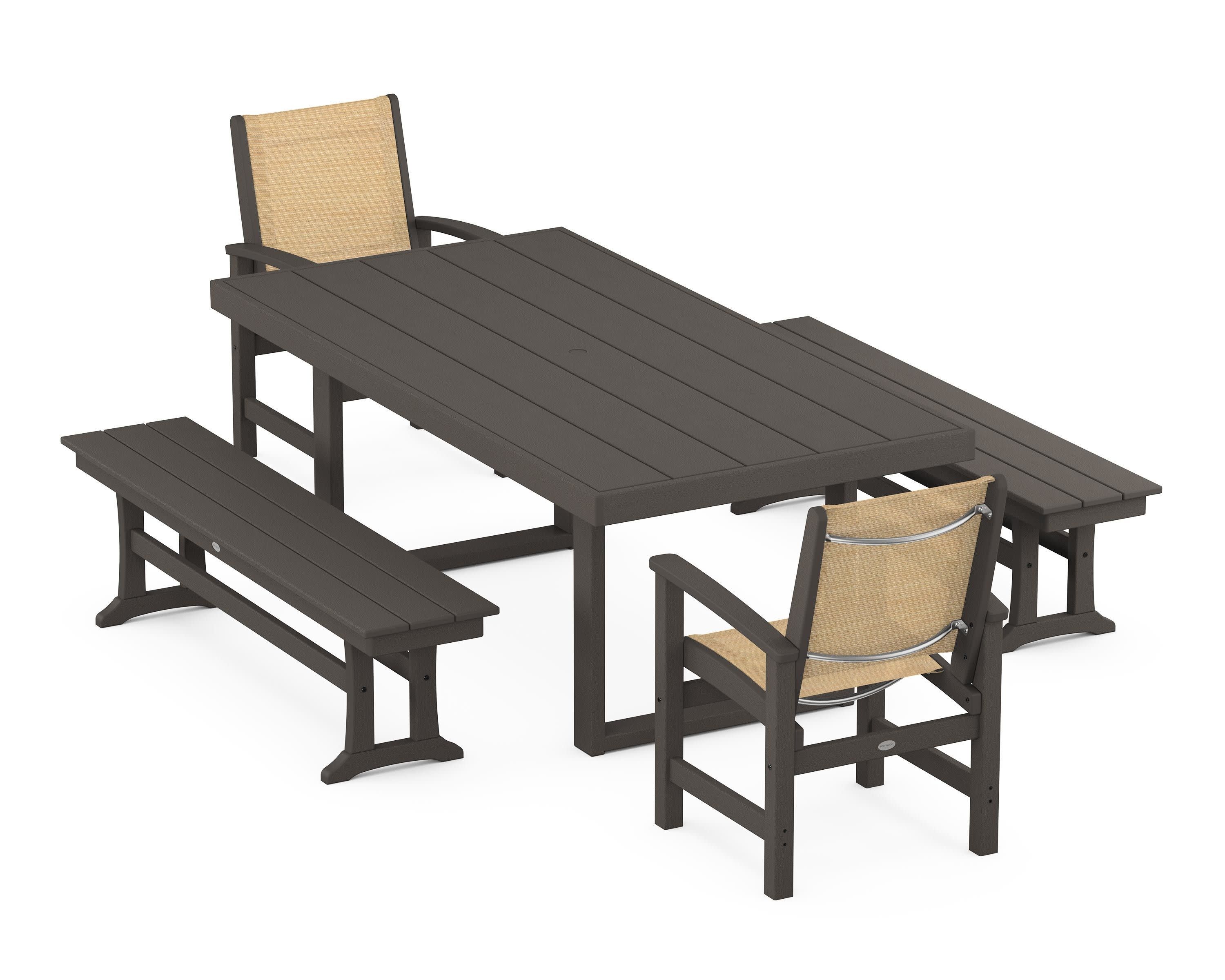 Coastal 5-Piece Dining Set with Trestle Legs in Vintage Coffee / Dupioni Apricot Sling